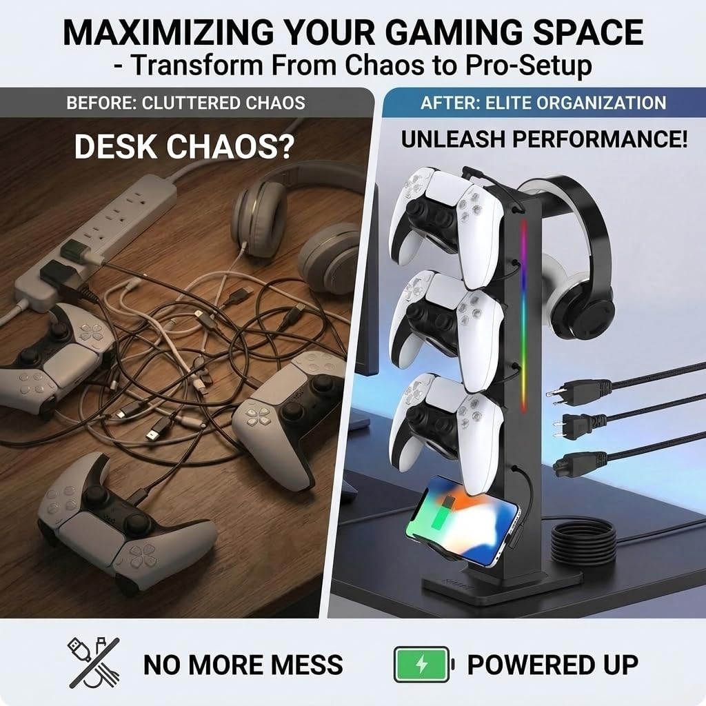 SOPORTE PARA AUDÍFONOS Y CONTROLES KAFRI RGB CON ORGANIZADOR Y CARGADOR RETRÁCTIL NEGRO - 3