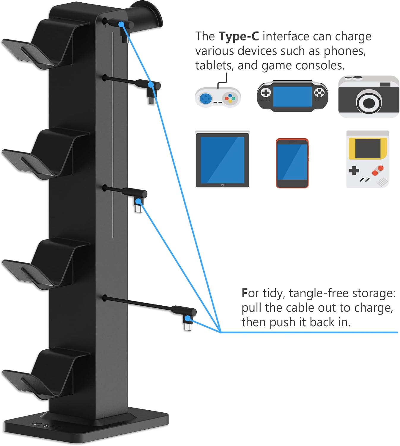 SOPORTE PARA AUDÍFONOS Y CONTROLES KAFRI RGB CON ORGANIZADOR Y CARGADOR RETRÁCTIL NEGRO - 4