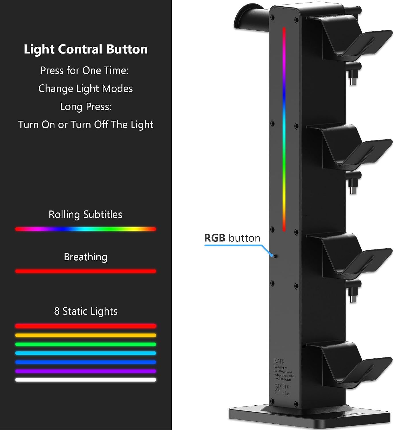 SOPORTE PARA AUDÍFONOS Y CONTROLES KAFRI RGB CON ORGANIZADOR Y CARGADOR RETRÁCTIL NEGRO - 5