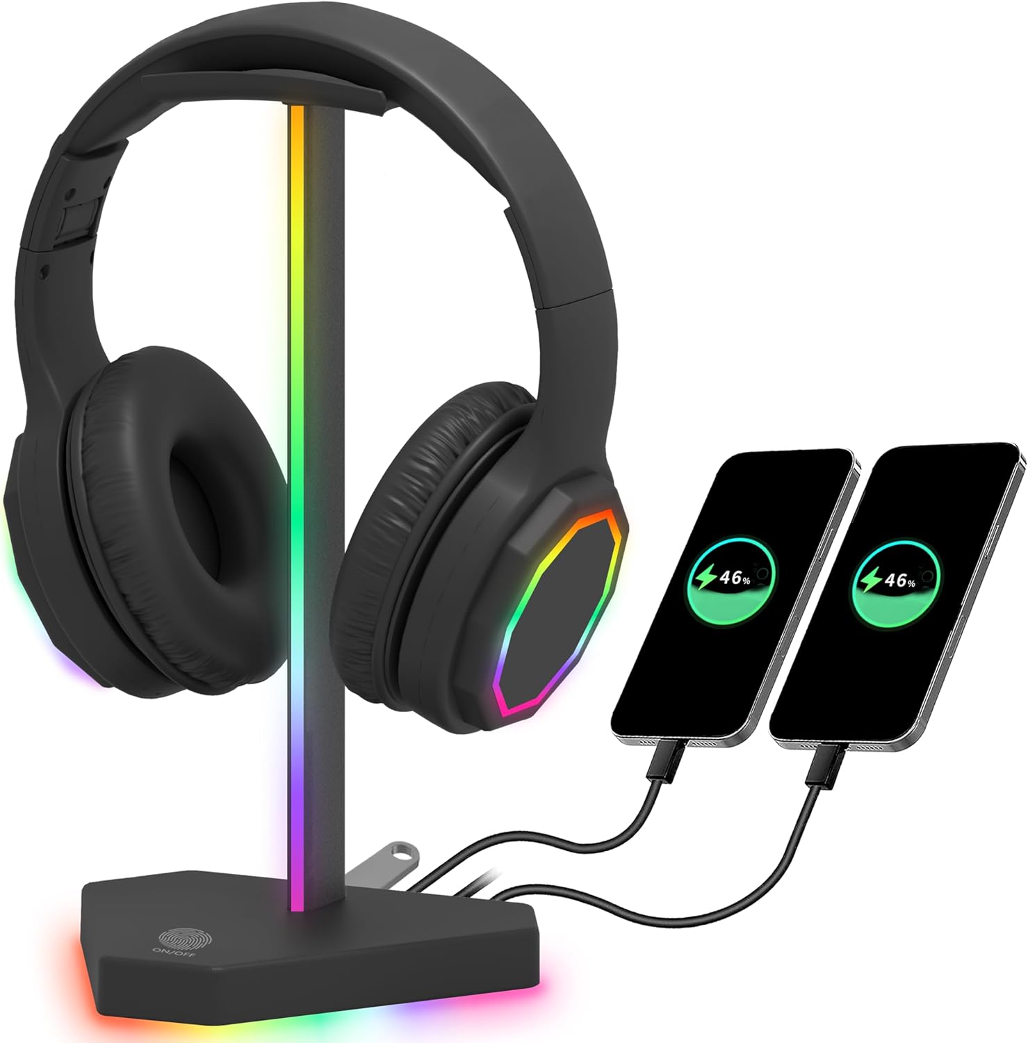 SOPORTE PARA AUDÍFONOS CHARLXEE RGB CON 1 PUERTO USB-C Y 3 PUERTOS TYPE-C PARA CARGA Y DATOS NEGRO - 1