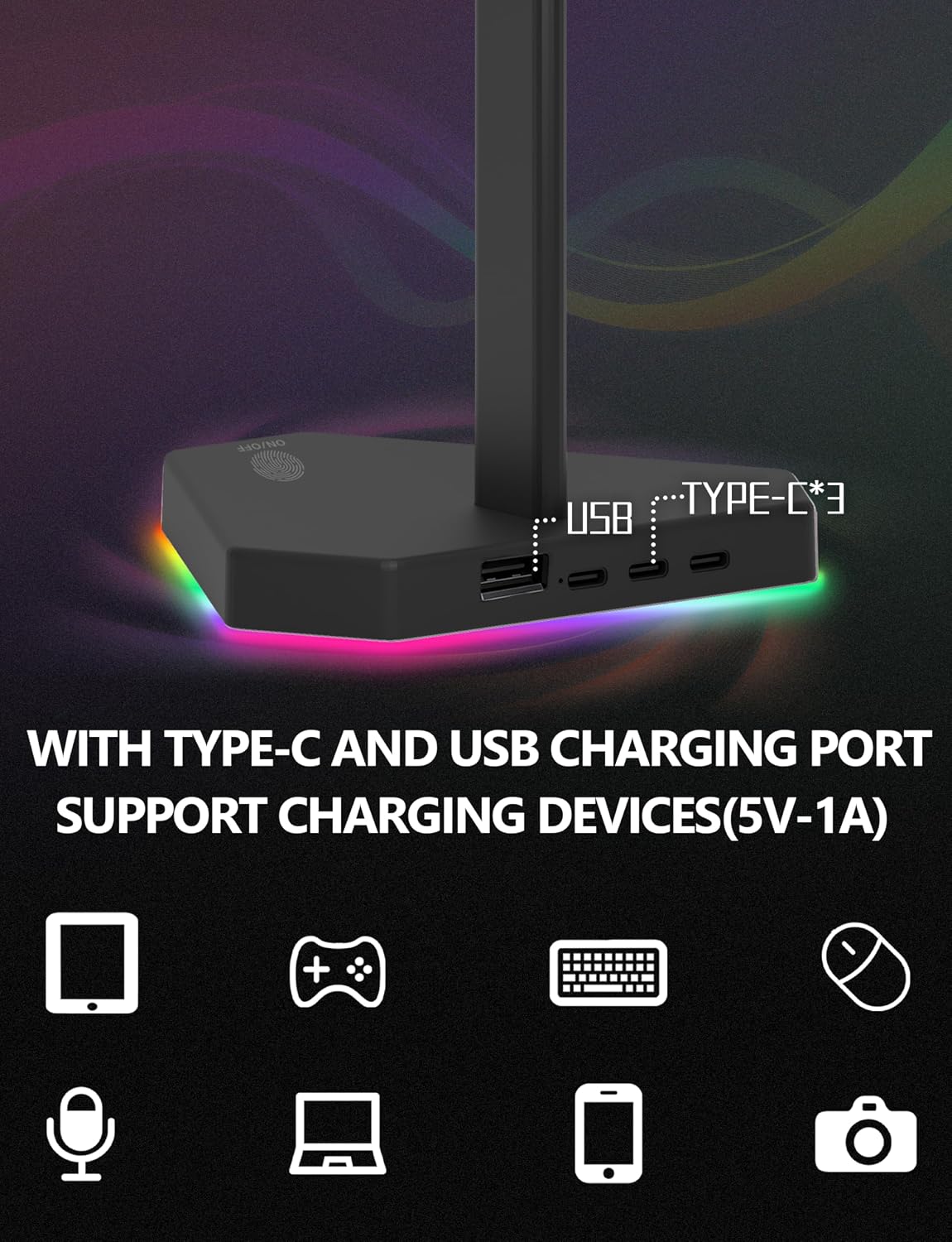 SOPORTE PARA AUDÍFONOS CHARLXEE RGB CON 1 PUERTO USB-C Y 3 PUERTOS TYPE-C PARA CARGA Y DATOS NEGRO - 2
