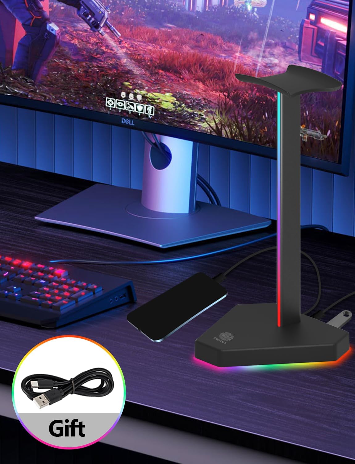 SOPORTE PARA AUDÍFONOS CHARLXEE RGB CON 1 PUERTO USB-C Y 3 PUERTOS TYPE-C PARA CARGA Y DATOS NEGRO - 4