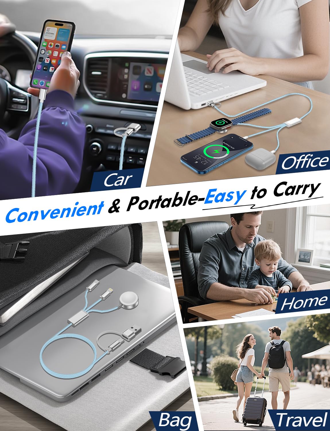 CABLE CARGADOR MÚLTIPLE 3 EN 2 XIWXI 1.25 M PARA APPLE WATCH Y USB C/A - 3