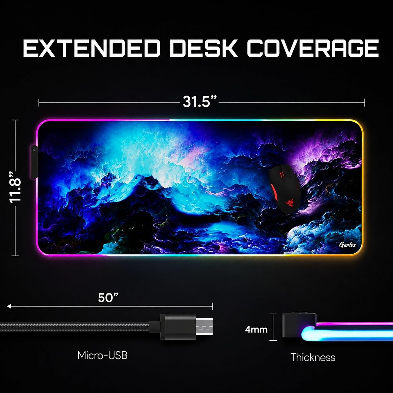 MOUSE PAD GAMING GERLOS RGB GRANDE 80X30 CM - 3