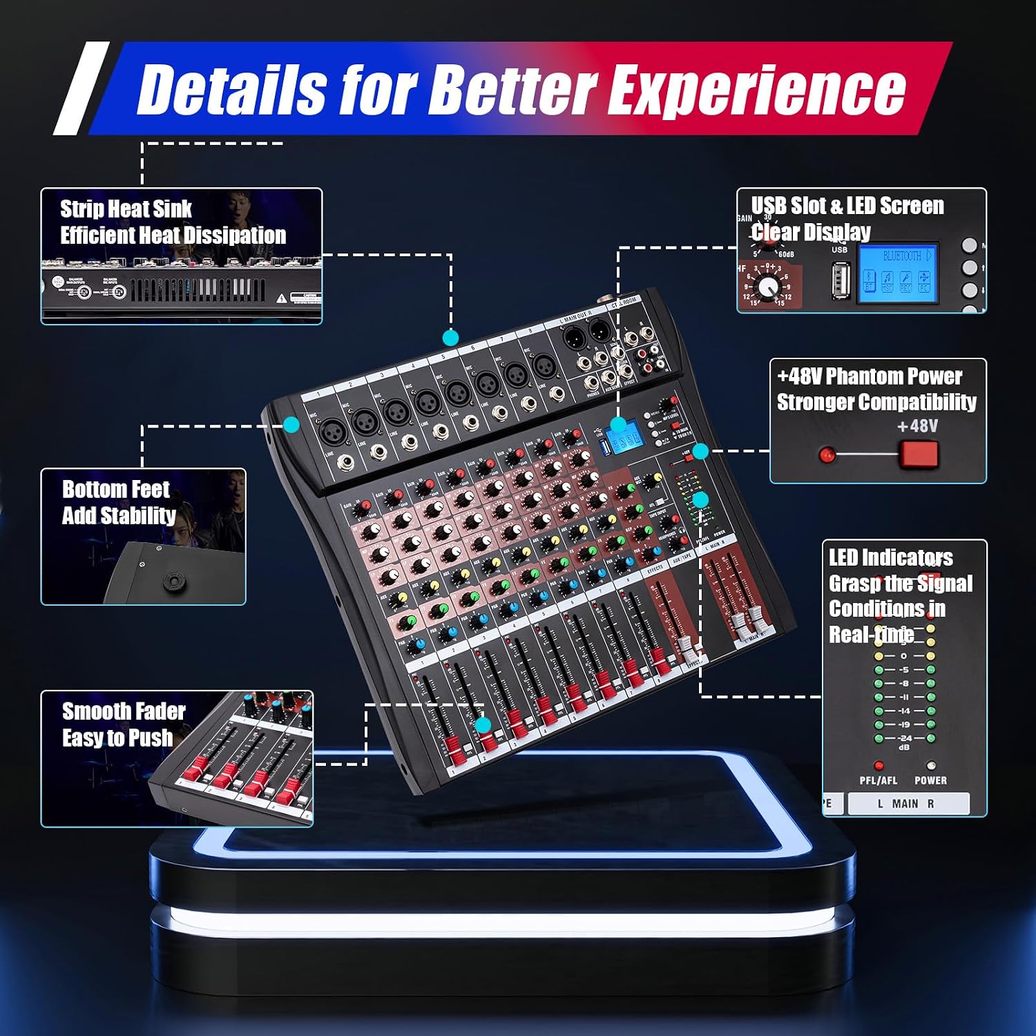 MEZCLADOR DE AUDIO 8 CANALES IOENC CON BLUETOOTH Y ECUALIZADOR DE 3 BANDAS - 5