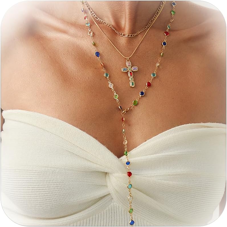 COLLAR LANWLOSI EN Y MULTICOLOR CON CRISTALES LARGOS - 1