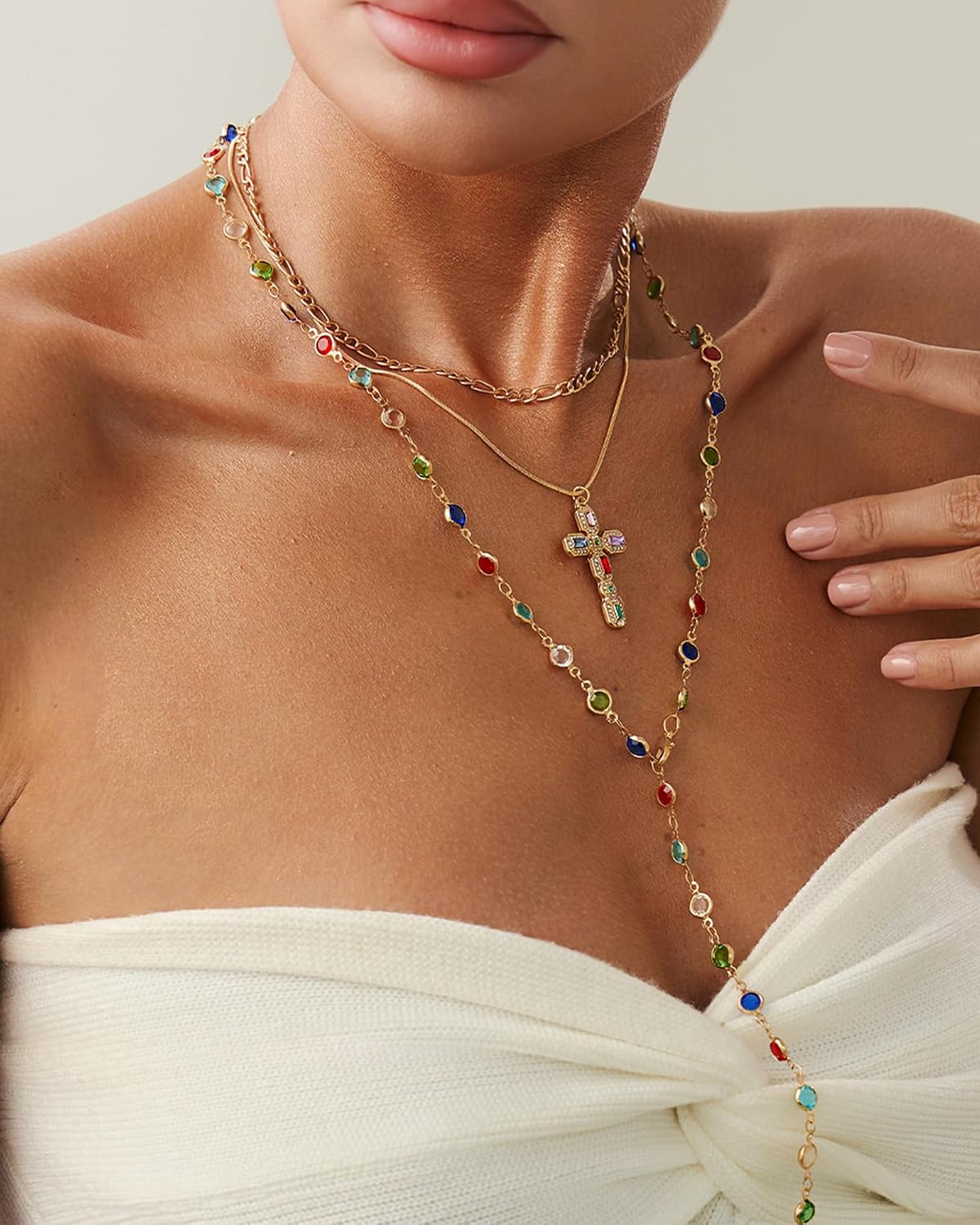 COLLAR LANWLOSI EN Y MULTICOLOR CON CRISTALES LARGOS - 3