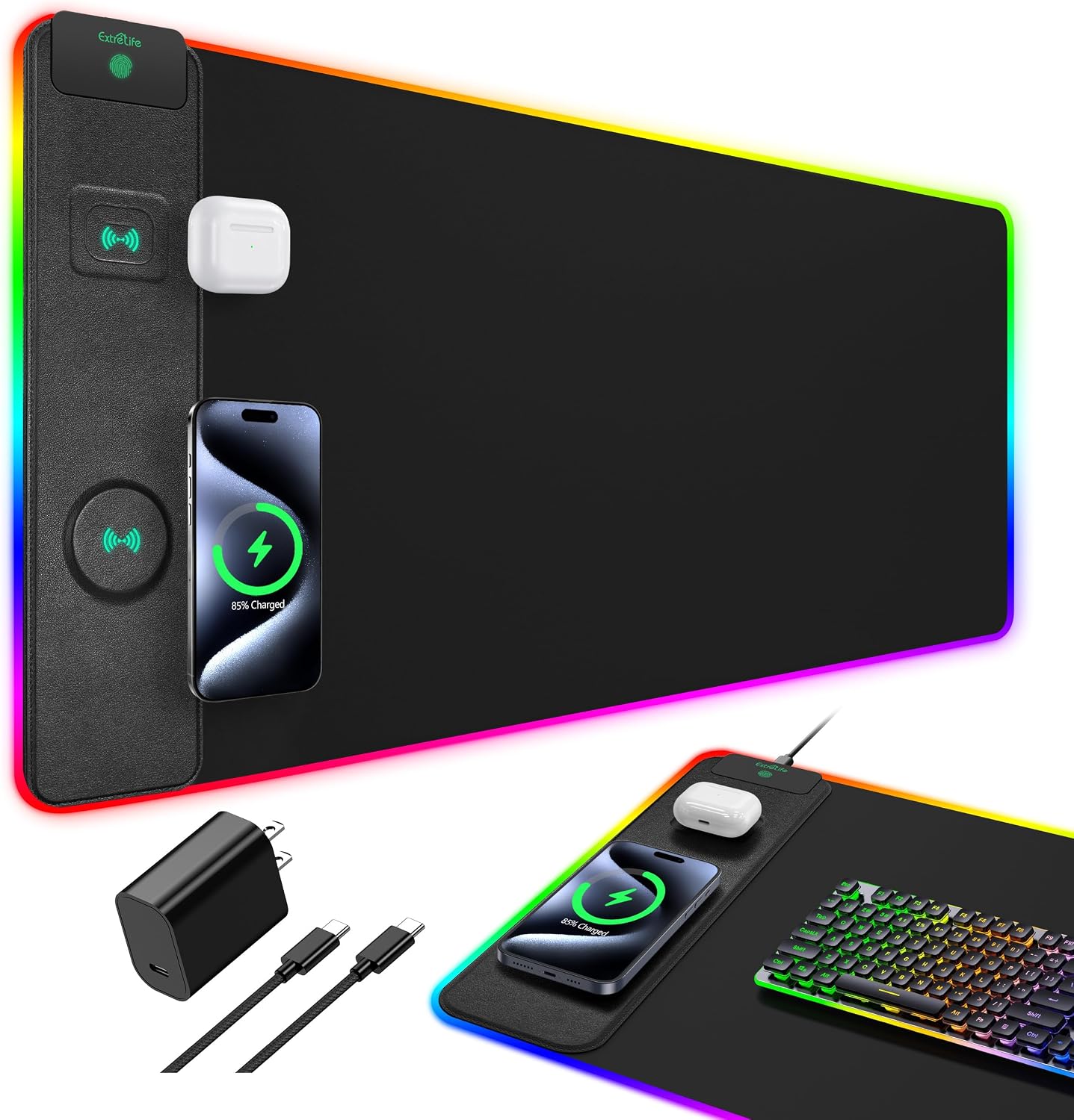 MOUSE PAD EXTRELIFE RGB GAMING CON CARGA INALÁMBRICA MAGNÉTICA 15W 80X40 CM - 1