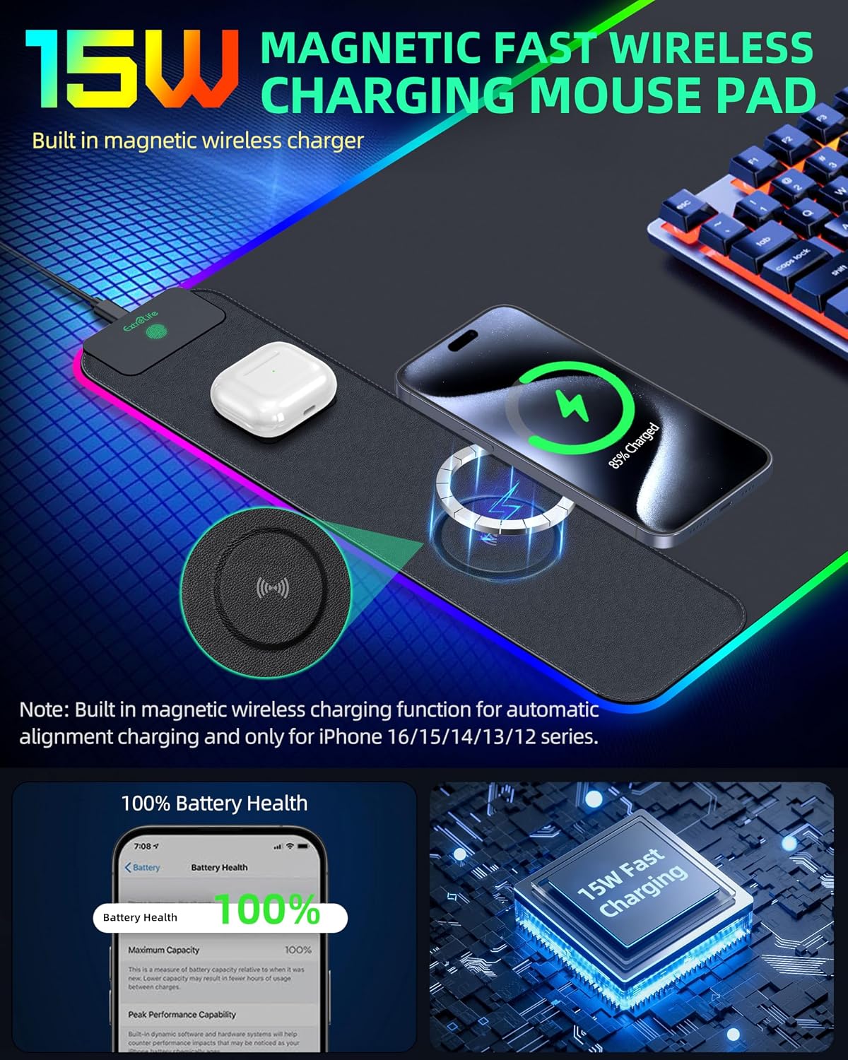 MOUSE PAD EXTRELIFE RGB GAMING CON CARGA INALÁMBRICA MAGNÉTICA 15W 80X40 CM - 2