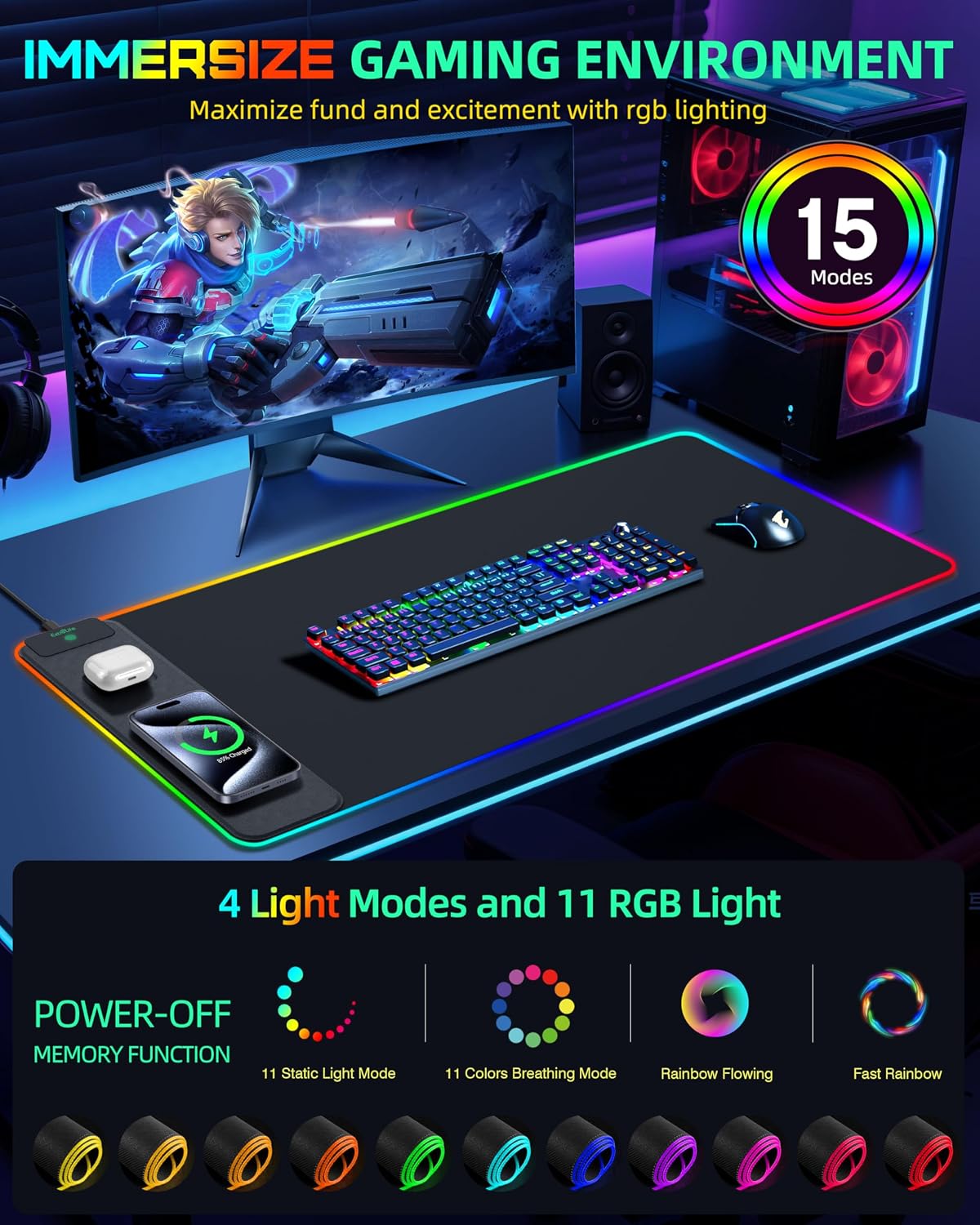 MOUSE PAD EXTRELIFE RGB GAMING CON CARGA INALÁMBRICA MAGNÉTICA 15W 80X40 CM - 3