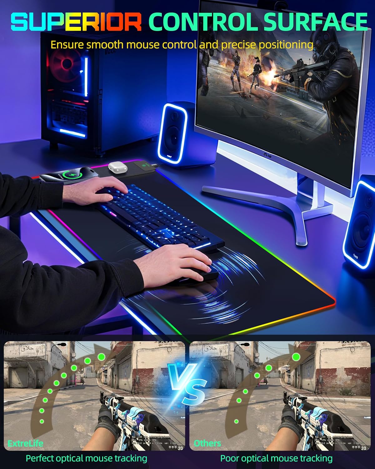 MOUSE PAD EXTRELIFE RGB GAMING CON CARGA INALÁMBRICA MAGNÉTICA 15W 80X40 CM - 4