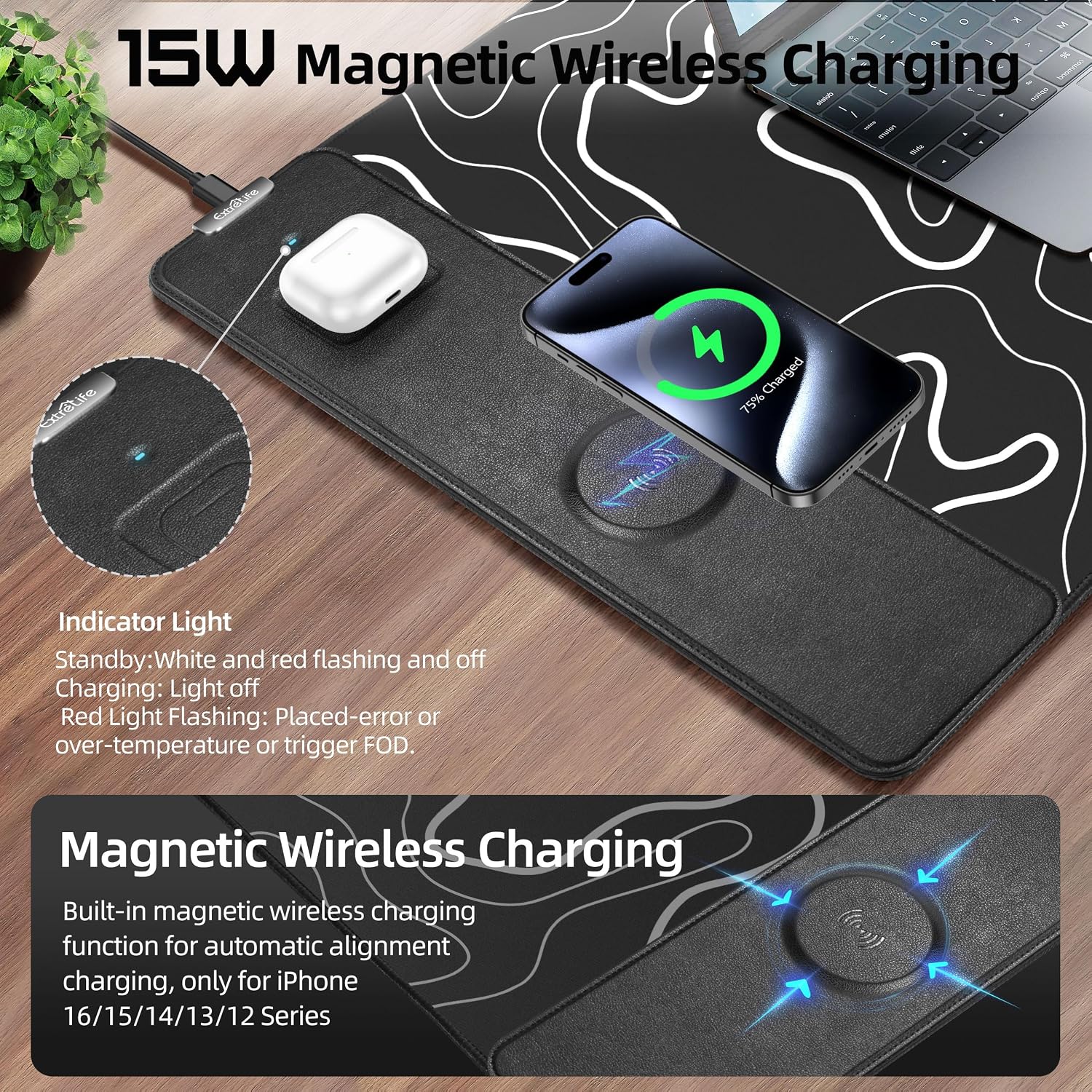 MOUSE PAD EXTRELIFE XXL CON CARGA INALÁMBRICA MAGNÉTICA 31.5X15.8 PULGADAS - 2