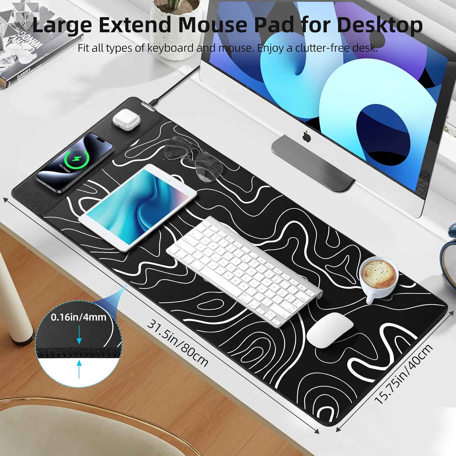 MOUSE PAD EXTRELIFE XXL CON CARGA INALÁMBRICA MAGNÉTICA 31.5X15.8 PULGADAS - 4