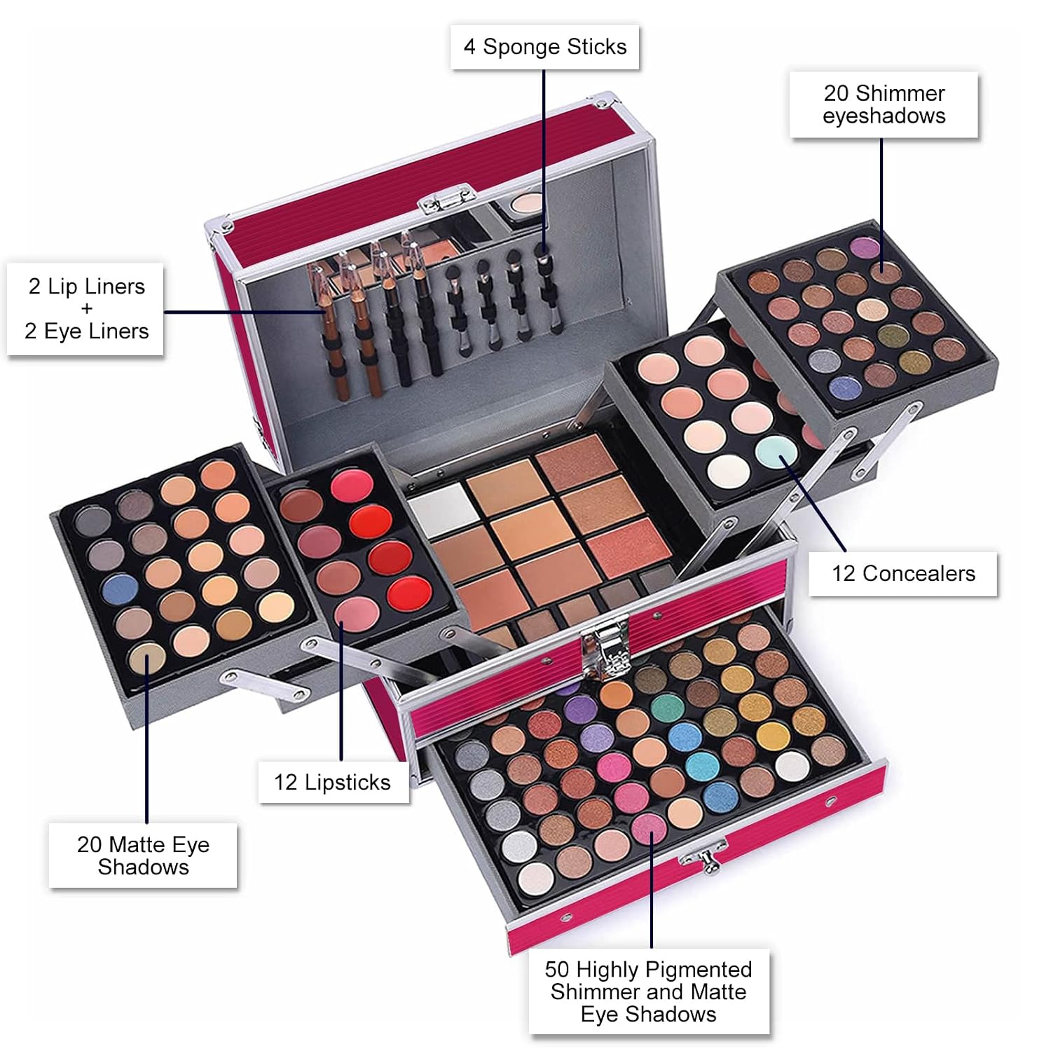 SET DE MAQUILLAJE MISS ROSE M 132 COLORES MULTICOLOR ESTUCHE ROSA - 2