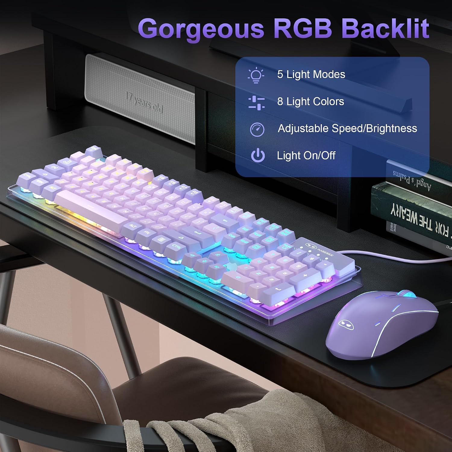 KIT DE TECLADO Y MOUSE MAGEGEE K1 RGB CON CABLE, TECLADO 104 TECLAS PARA PC Y LAPTOP, COLOR MORADO - 3