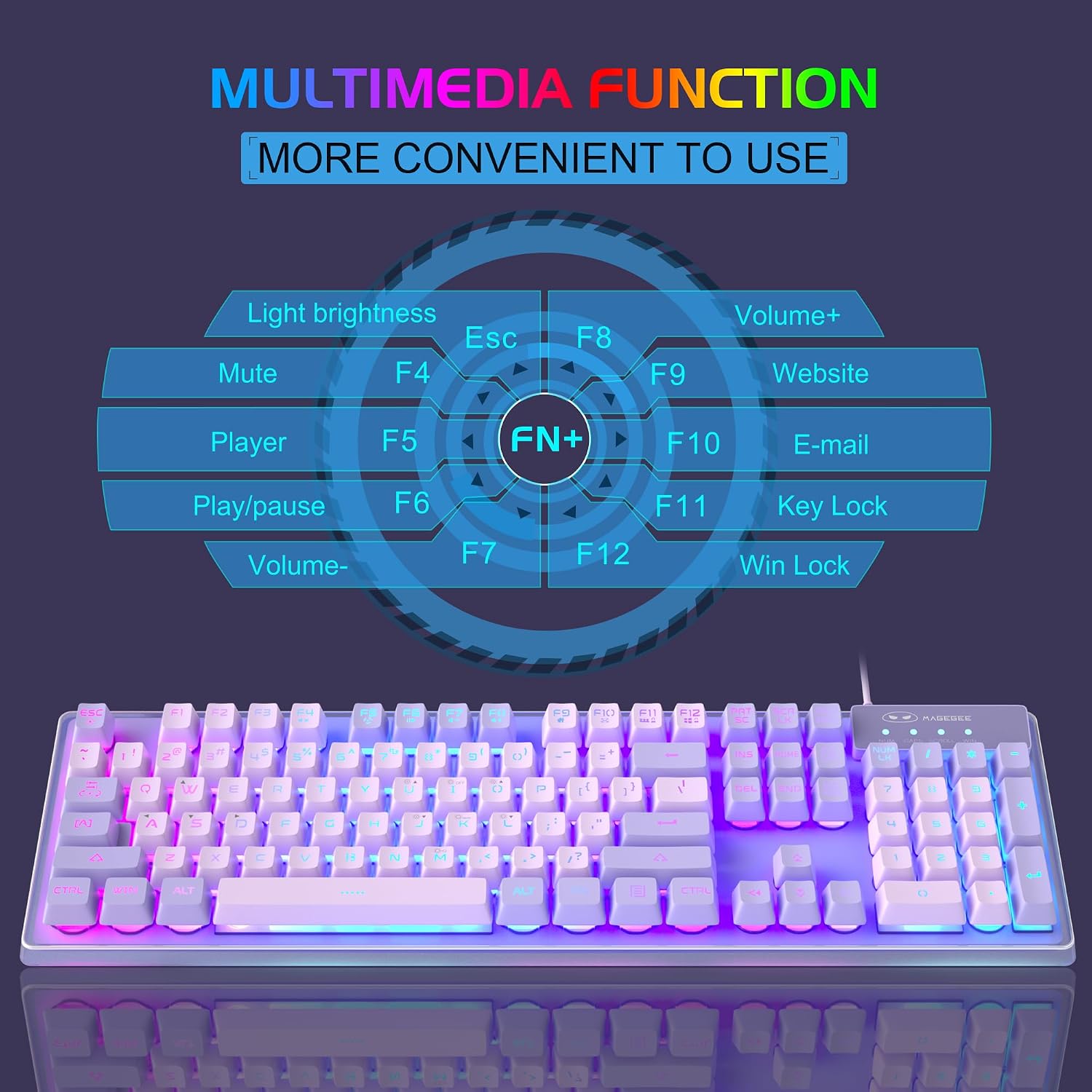 KIT DE TECLADO Y MOUSE MAGEGEE K1 RGB CON CABLE, TECLADO 104 TECLAS PARA PC Y LAPTOP, COLOR MORADO - 4