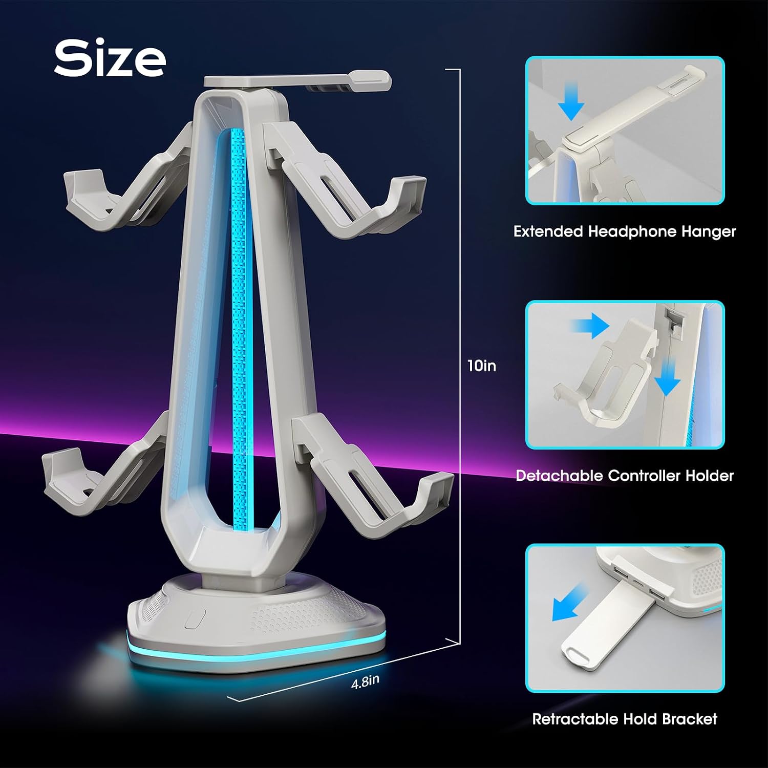 SOPORTE PARA CONTROLES SAITAKE RGB CON 9 MODOS DE LUZ, 2 PUERTOS USB Y SOPORTE PARA AUDÍFONOS BLANCO - 2