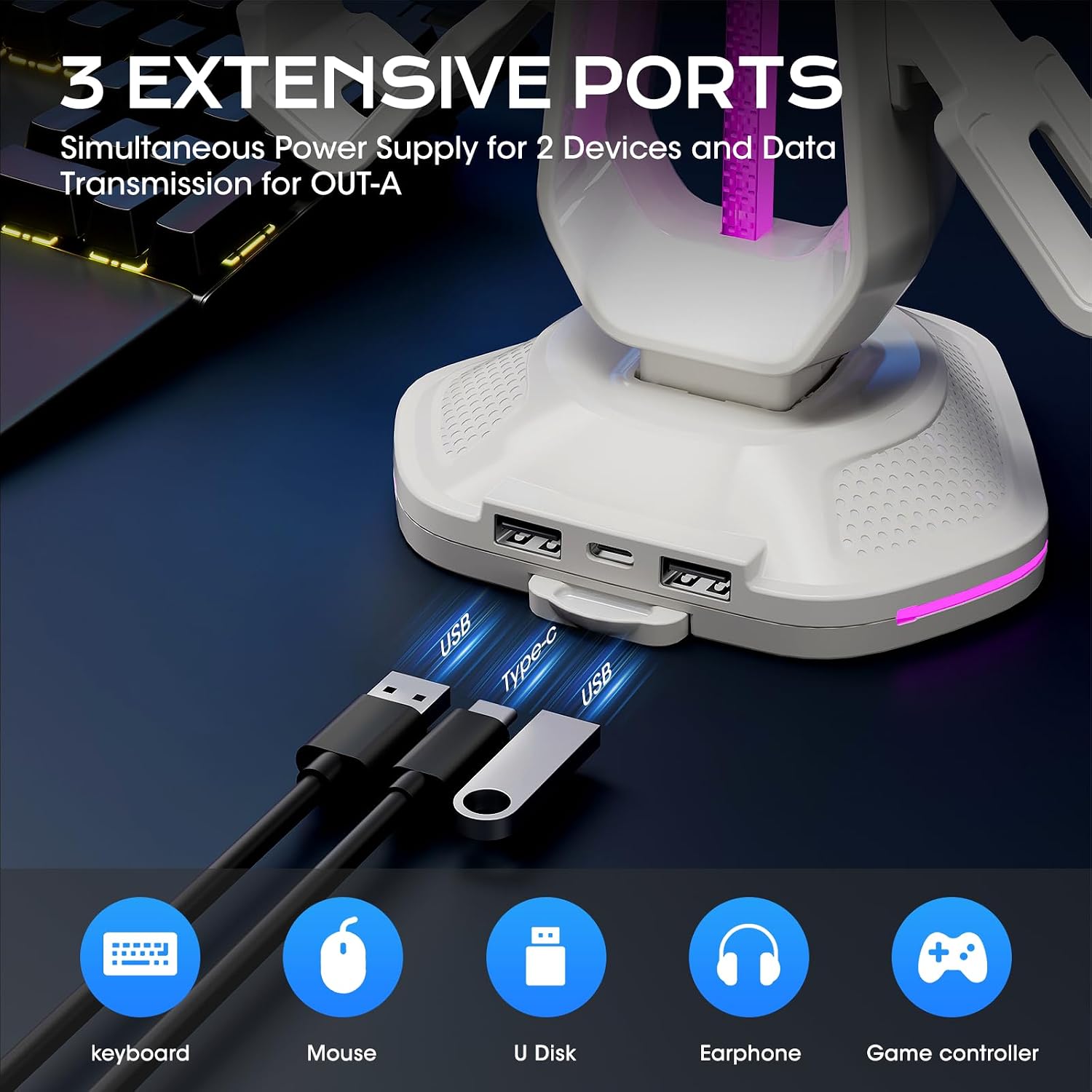 SOPORTE PARA CONTROLES SAITAKE RGB CON 9 MODOS DE LUZ, 2 PUERTOS USB Y SOPORTE PARA AUDÍFONOS BLANCO - 3