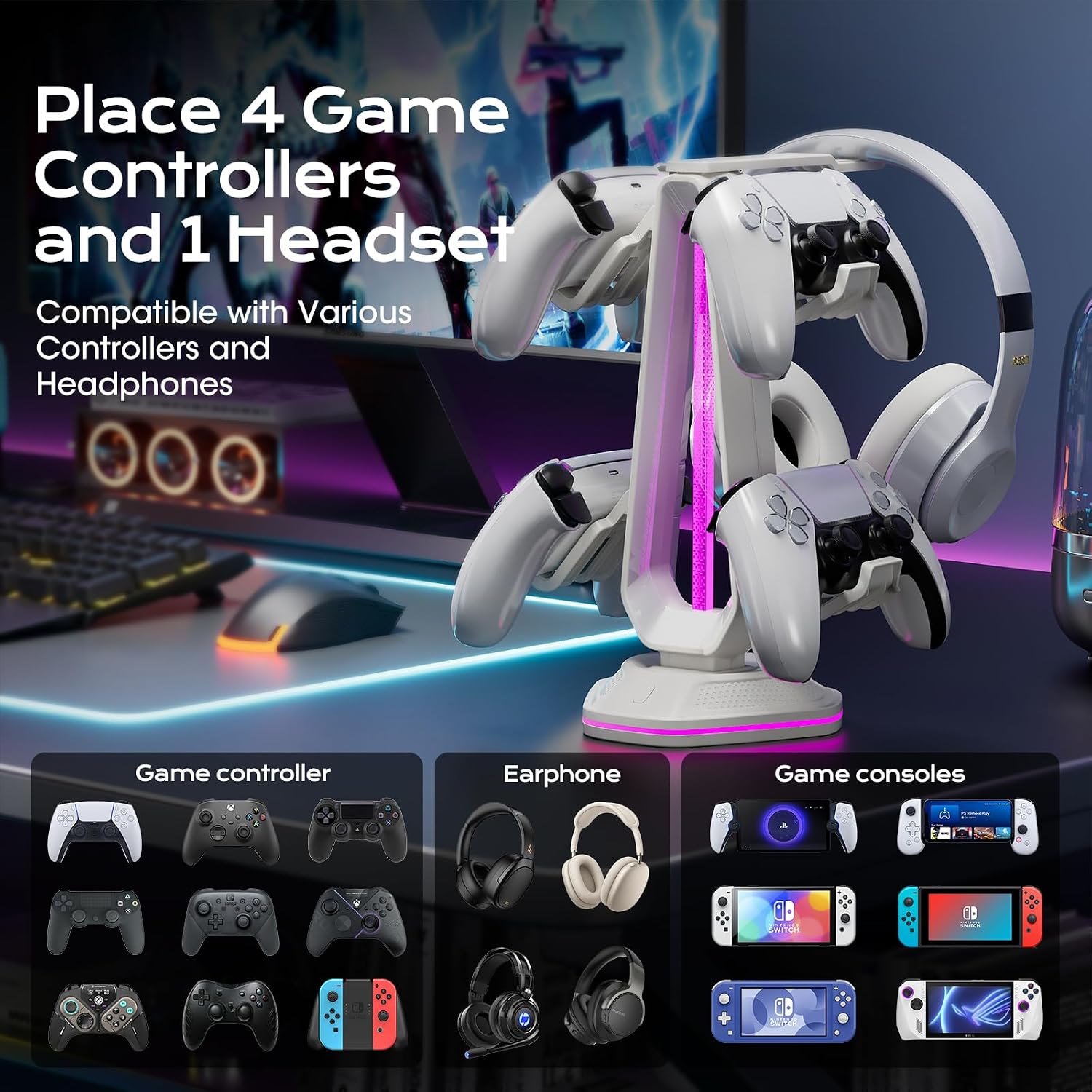 SOPORTE PARA CONTROLES SAITAKE RGB CON 9 MODOS DE LUZ, 2 PUERTOS USB Y SOPORTE PARA AUDÍFONOS BLANCO - 4