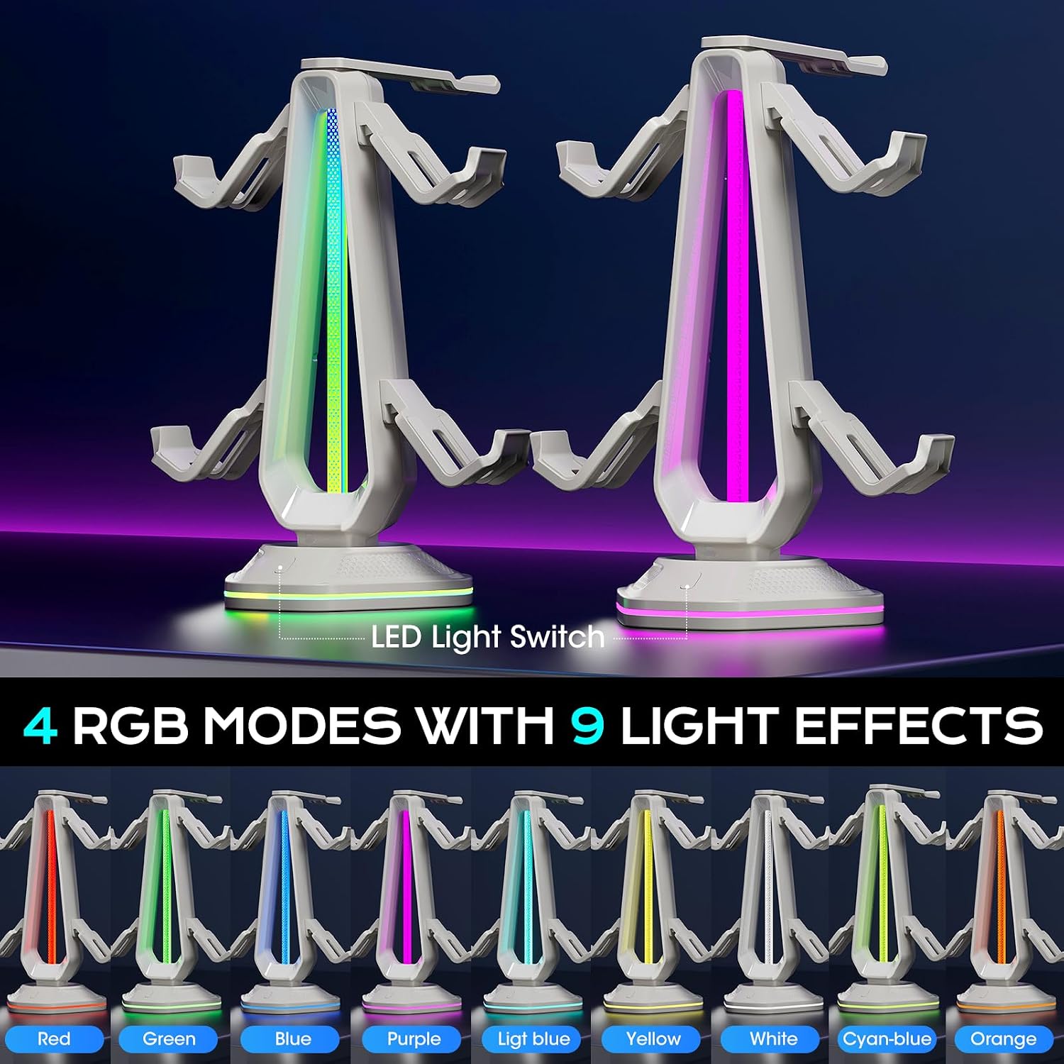SOPORTE PARA CONTROLES SAITAKE RGB CON 9 MODOS DE LUZ, 2 PUERTOS USB Y SOPORTE PARA AUDÍFONOS BLANCO - 5