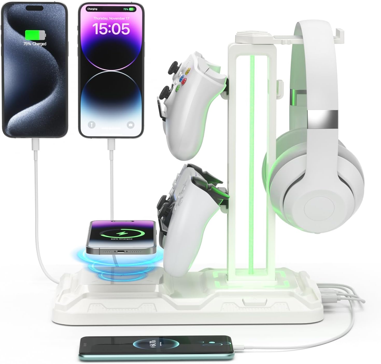 SOPORTE PARA AUDÍFONOS Y CONTROLES KDD RGB CON CARGA INALÁMBRICA Y 9 MODOS DE LUZ BLANCO - 1