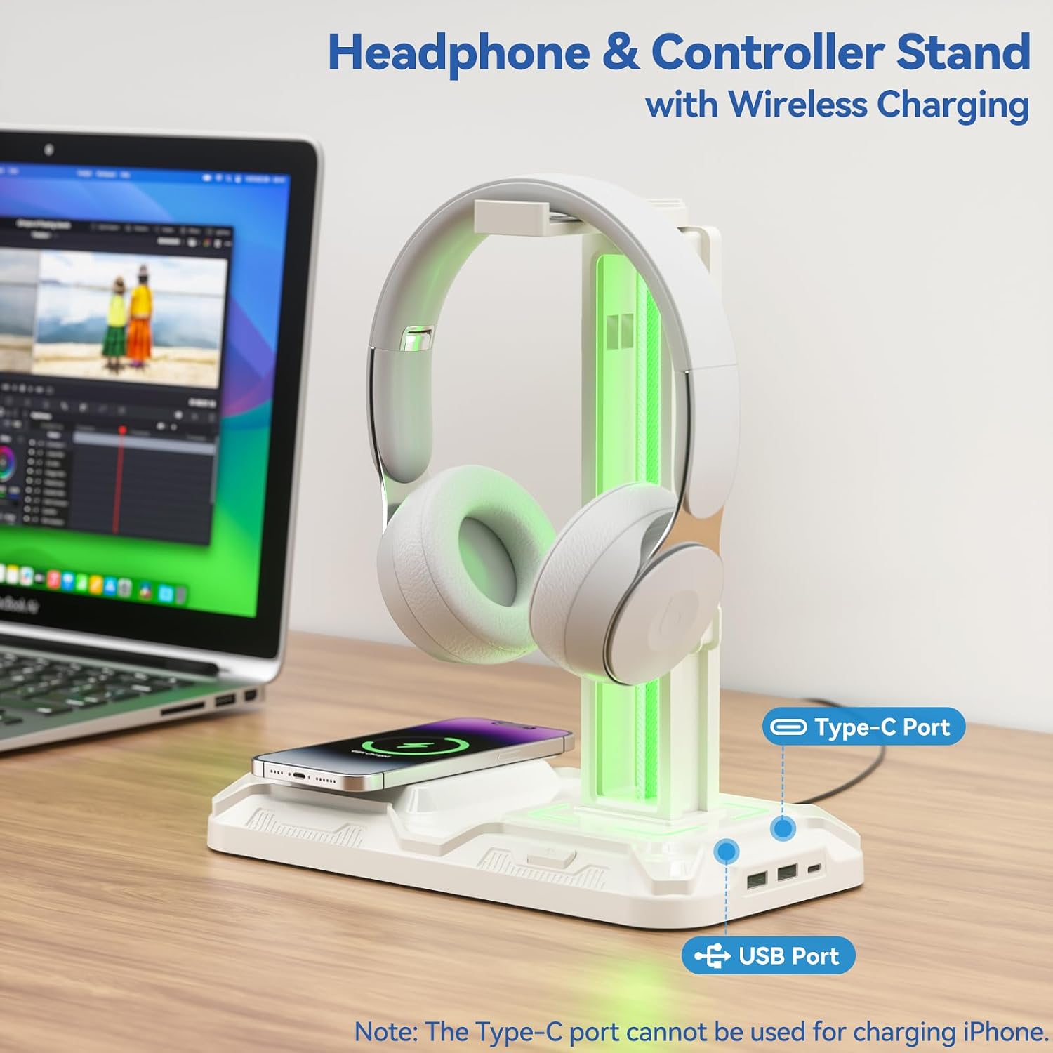 SOPORTE PARA AUDÍFONOS Y CONTROLES KDD RGB CON CARGA INALÁMBRICA Y 9 MODOS DE LUZ BLANCO - 2