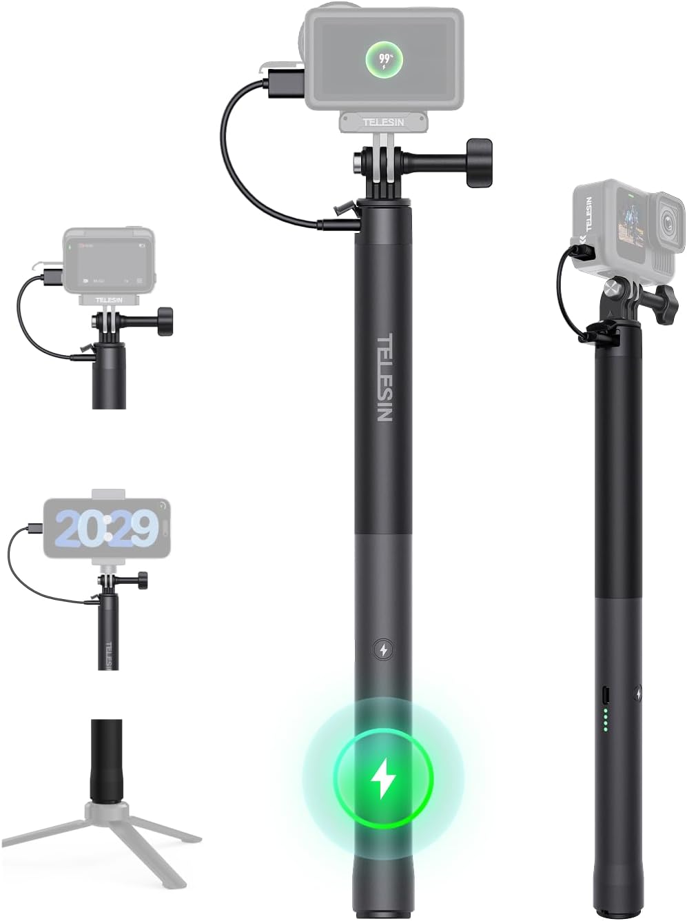 BASTÓN SELFIE RECARGABLE TELESIN PARA CÁMARAS DE ACCIÓN DJI GOPRO INSTA360 - 1