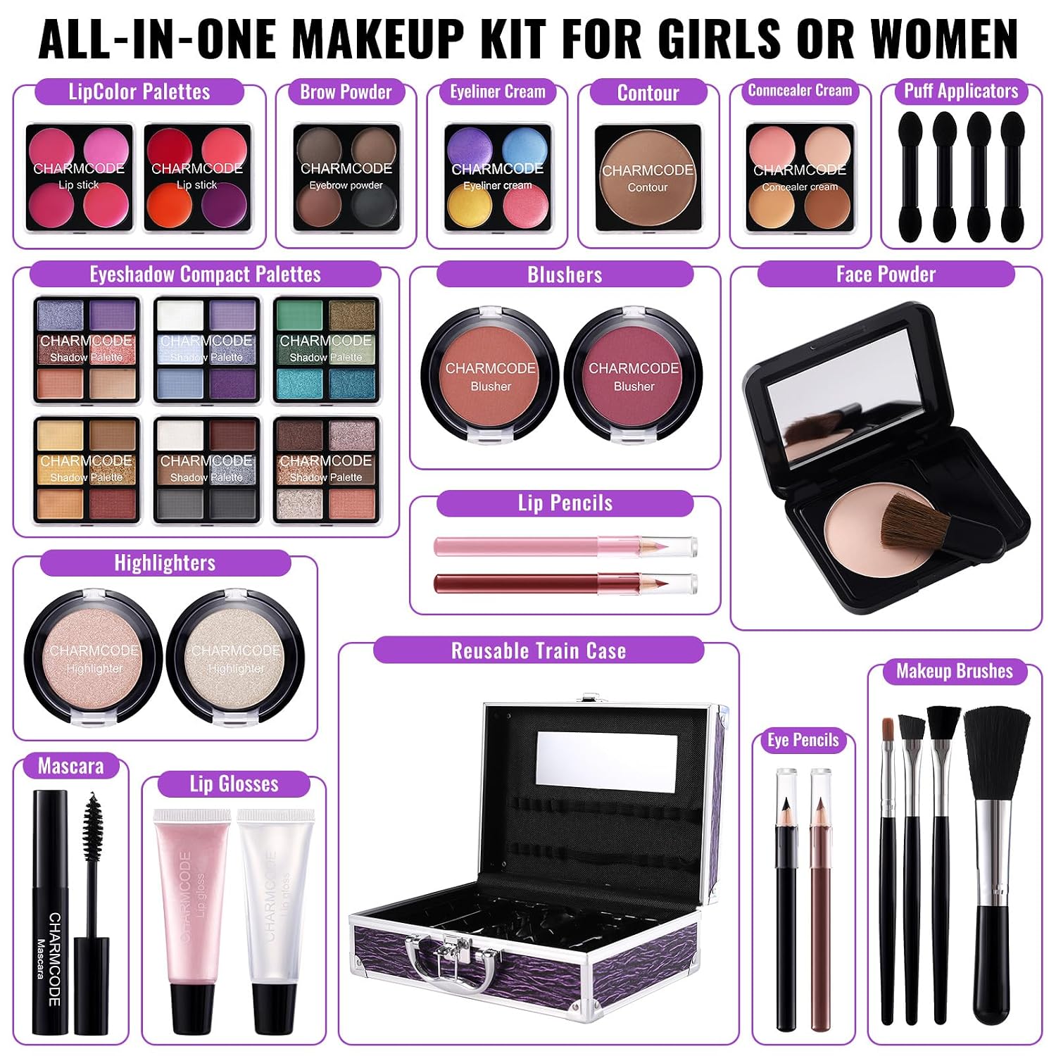 SET DE MAQUILLAJE CHARMCODE COMPLETO CON ESTUCHE ALUMINIO MORADO - 3