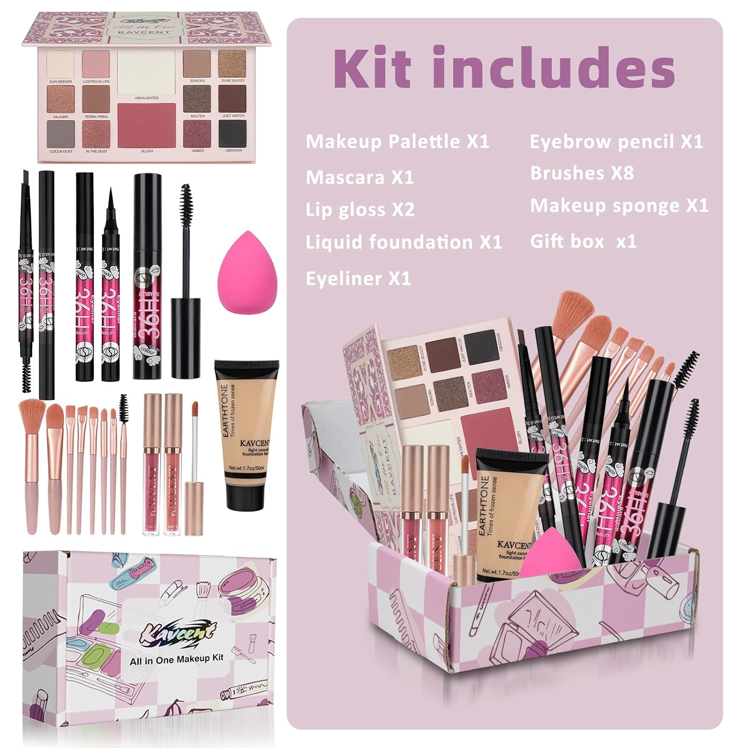 SET DE MAQUILLAJE KAVCENT PARA MUJERES Y ADOLESCENTES CON PALETA DE 14 COLORES Y ACCESORIOS - 2