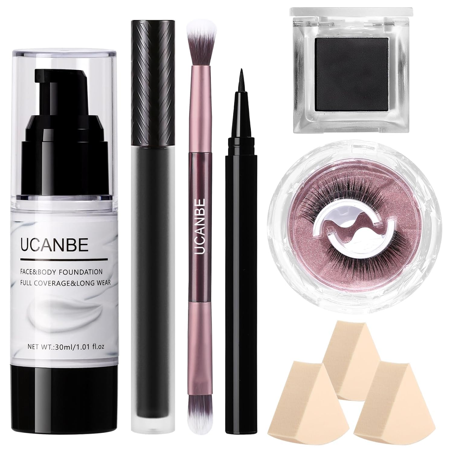 SET DE MAQUILLAJE UCANBE HALLOWEEN CON SOMBRA NEGRA, BASE LÍQUIDA BLANCA, LABIAL Y DELINEADOR NEGRO, PESTAÑAS ADHESIVAS Y BROCHAS - 1