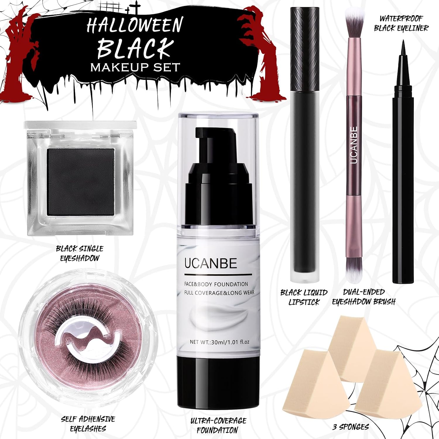 SET DE MAQUILLAJE UCANBE HALLOWEEN CON SOMBRA NEGRA, BASE LÍQUIDA BLANCA, LABIAL Y DELINEADOR NEGRO, PESTAÑAS ADHESIVAS Y BROCHAS - 2