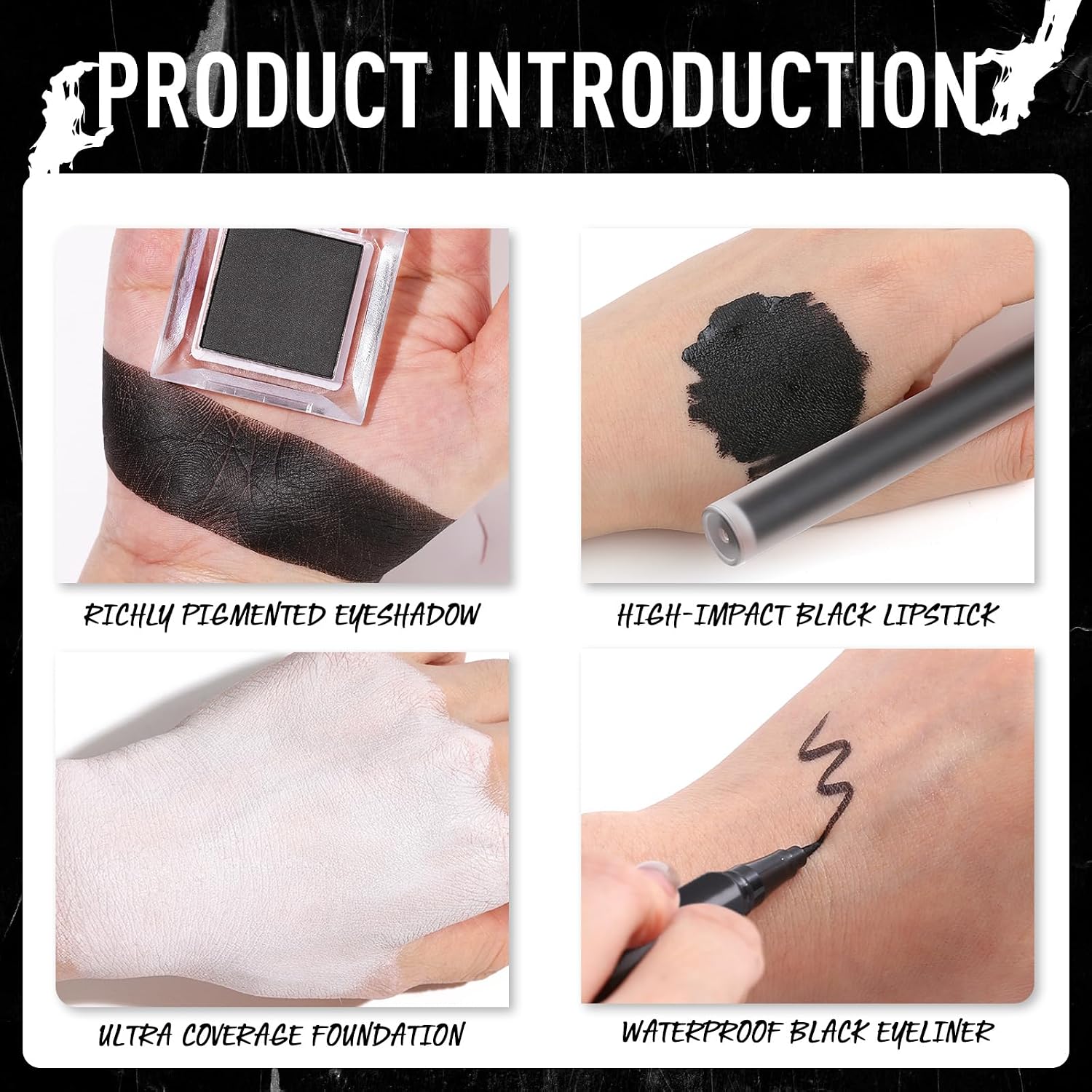 SET DE MAQUILLAJE UCANBE HALLOWEEN CON SOMBRA NEGRA, BASE LÍQUIDA BLANCA, LABIAL Y DELINEADOR NEGRO, PESTAÑAS ADHESIVAS Y BROCHAS - 4