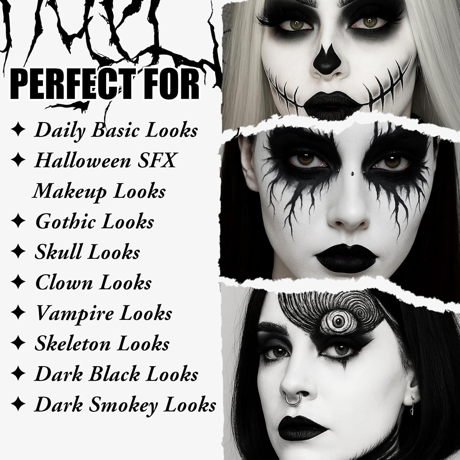 SET DE MAQUILLAJE UCANBE HALLOWEEN CON SOMBRA NEGRA, BASE LÍQUIDA BLANCA, LABIAL Y DELINEADOR NEGRO, PESTAÑAS ADHESIVAS Y BROCHAS - 5