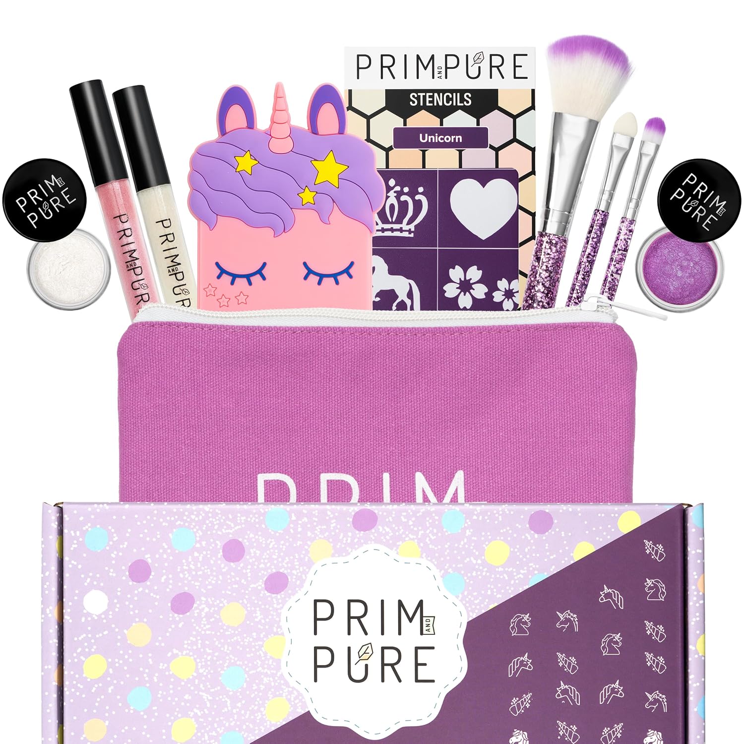 SET DE MAQUILLAJE MINERAL PRIM AND PURE CON ESPEJO UNICORNIO MORADO - 1