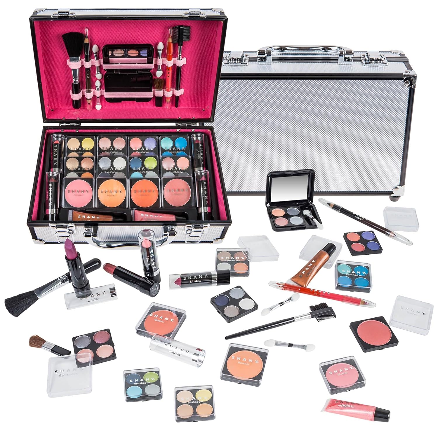 SET DE MAQUILLAJE SHANY CARRY ALL CON ESTUCHE PLATEADO Y ACCESORIOS PROFESIONALES - 1