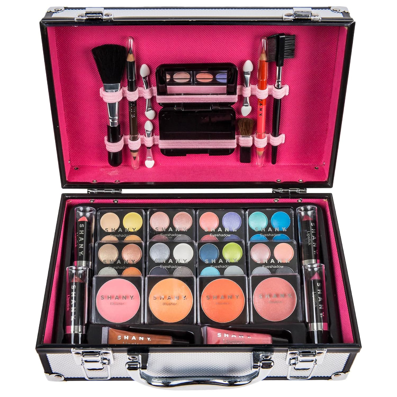 SET DE MAQUILLAJE SHANY CARRY ALL CON ESTUCHE PLATEADO Y ACCESORIOS PROFESIONALES - 5