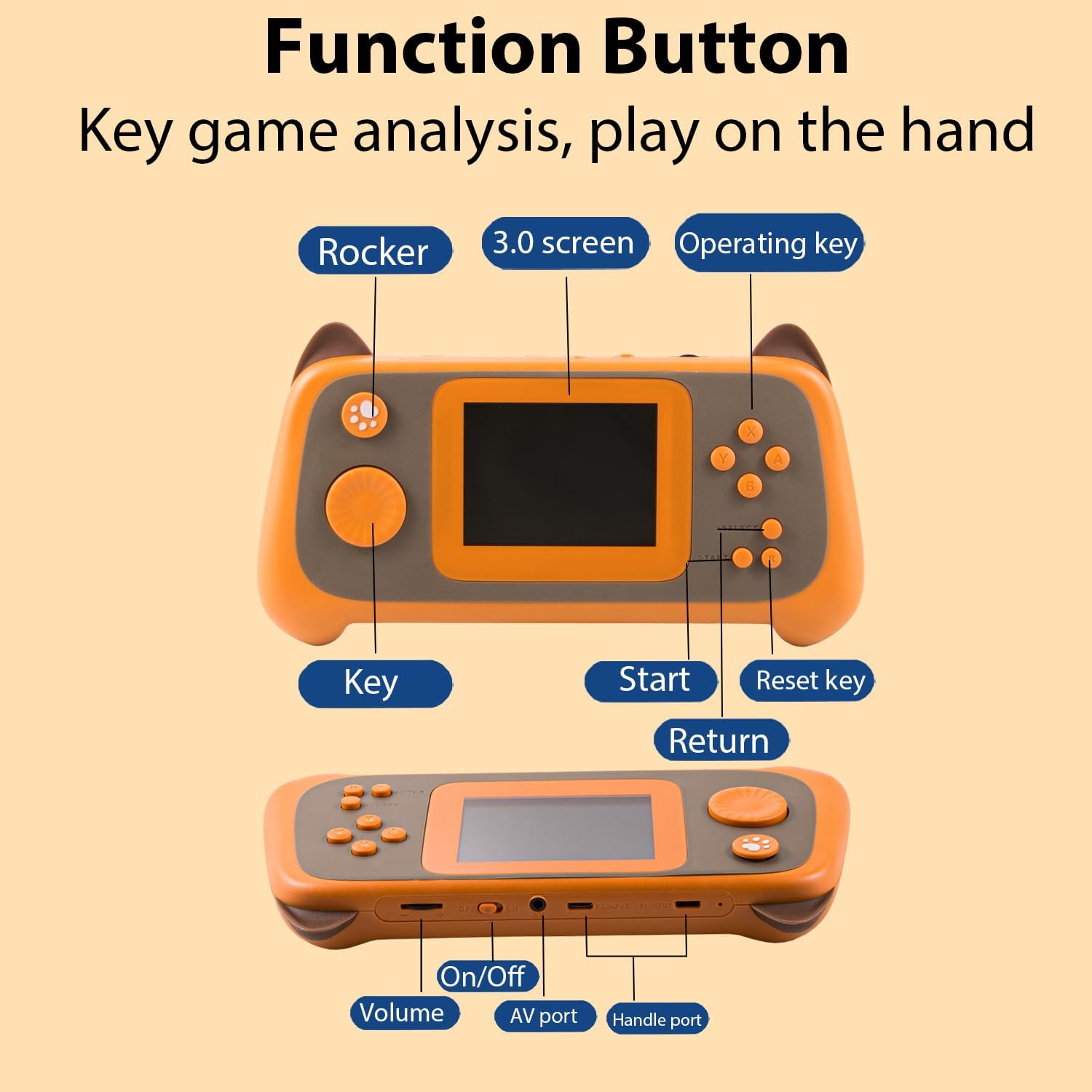 CONSOLA PORTÁTIL RFETOMAX CON 666 JUEGOS CLÁSICOS PANTALLA COLOR 3 PULGADAS SALIDA TV NARANJA - 2