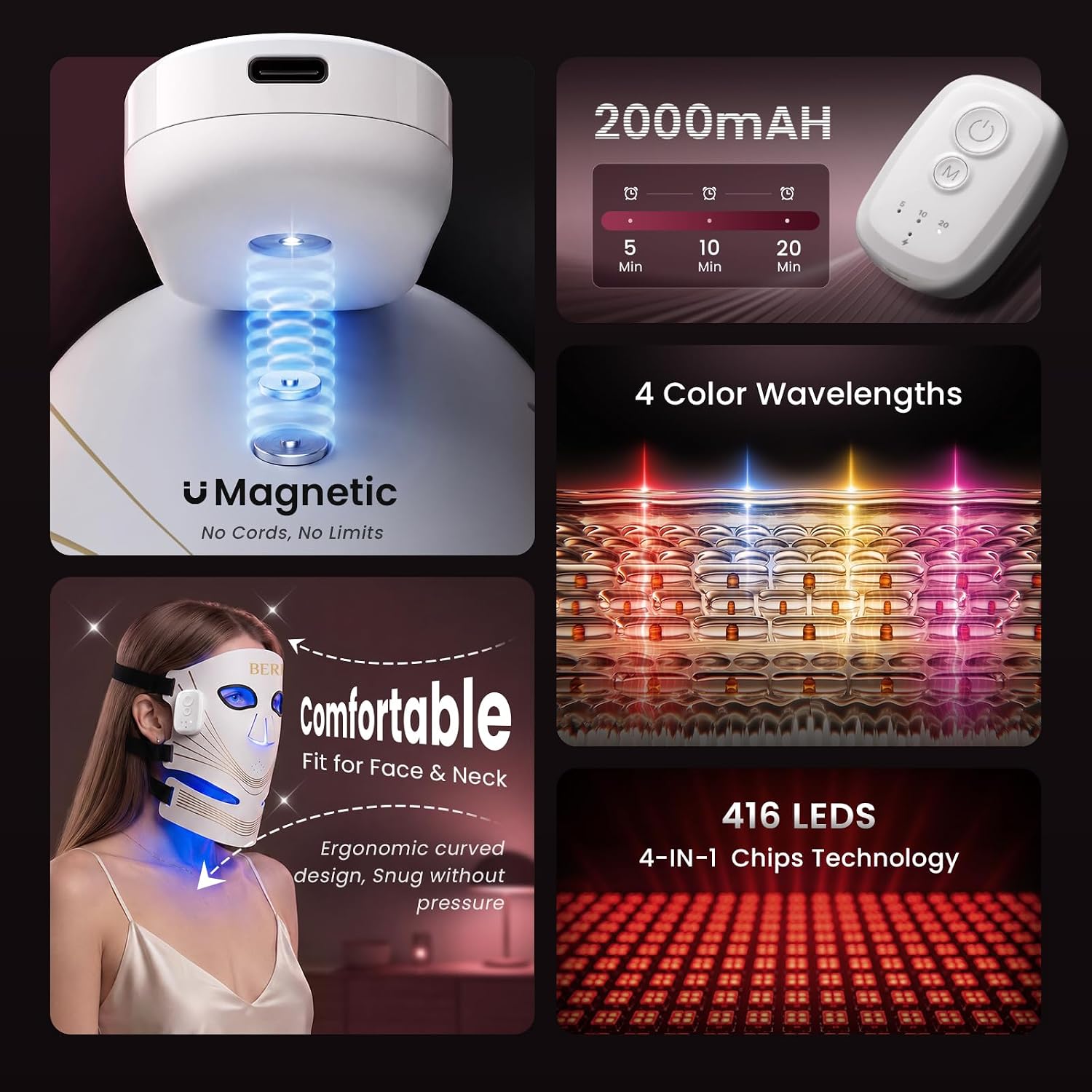 MÁSCARA DE TERAPIA DE LUZ ROJA BERLIY INALÁMBRICA 4 MODOS CON TEMPORIZADOR - 2
