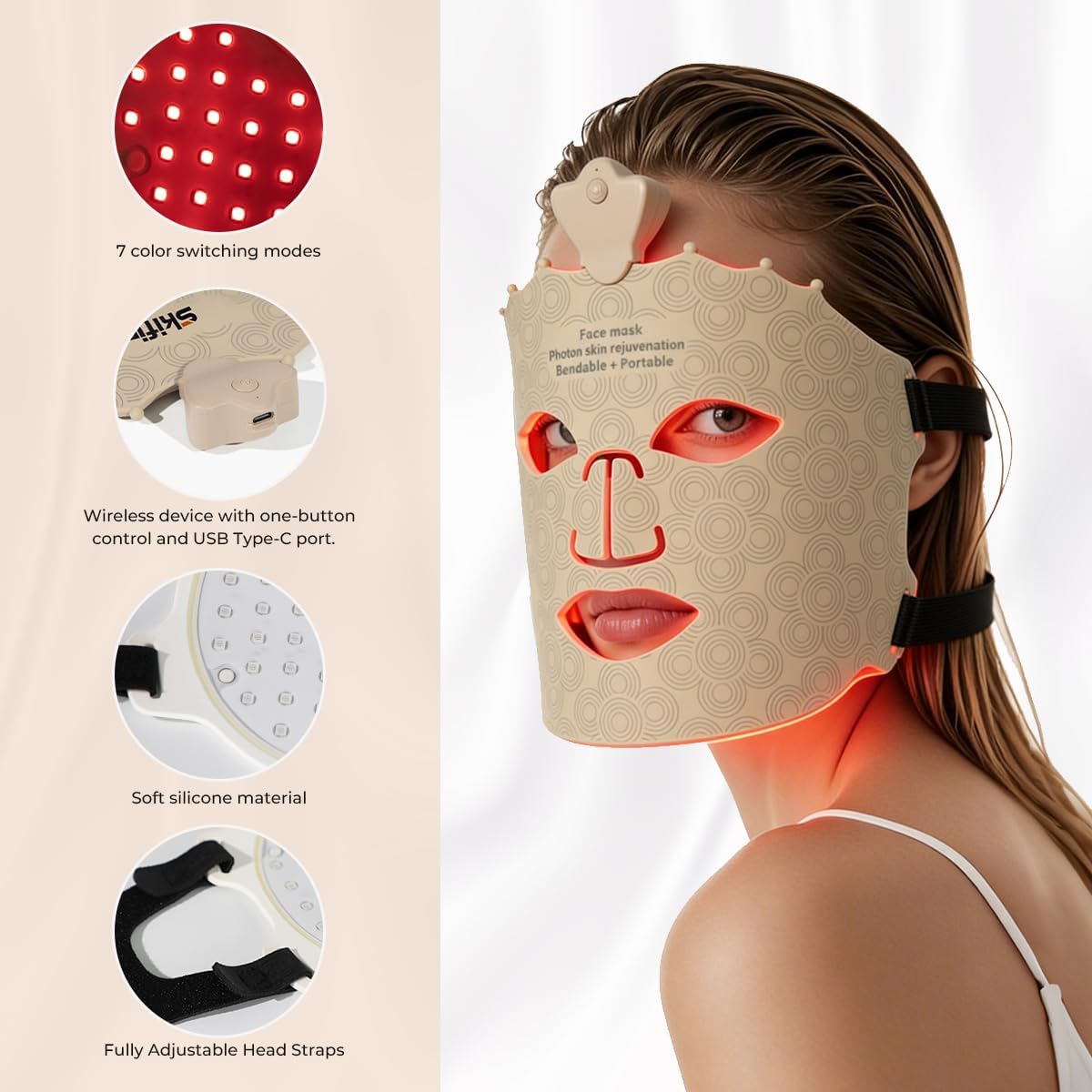 MASCARILLA FACIAL SKIFIR INALÁMBRICA CON LUZ ROJA RECARGABLE COLOR MARRÓN - 5