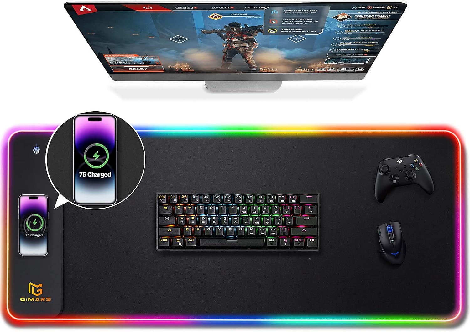 MOUSE PAD GIMARS RGB CON CARGA INALÁMBRICA 15W Y SUPERFICIE GRANDE 80X30 CM - 1