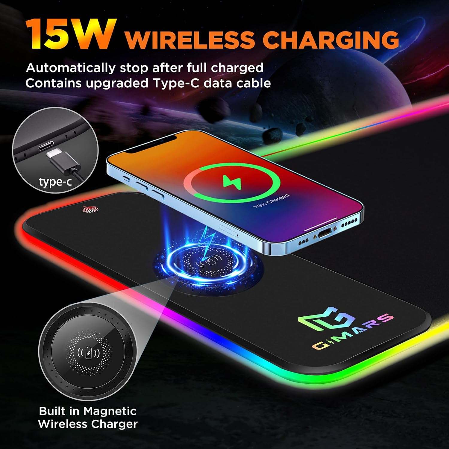 MOUSE PAD GIMARS RGB CON CARGA INALÁMBRICA 15W Y SUPERFICIE GRANDE 80X30 CM - 2