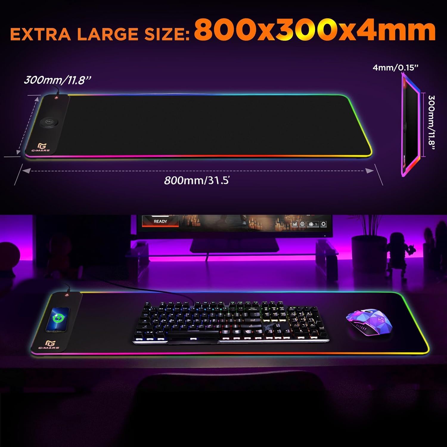 MOUSE PAD GIMARS RGB CON CARGA INALÁMBRICA 15W Y SUPERFICIE GRANDE 80X30 CM - 5