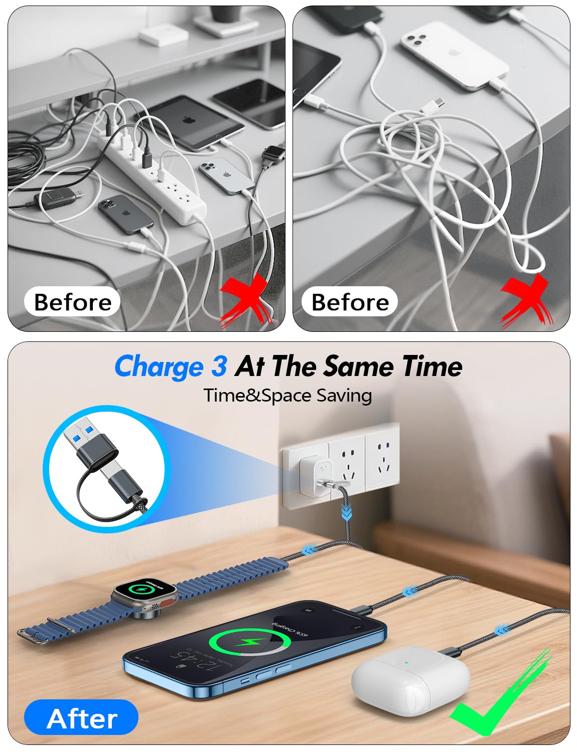 CABLE CARGADOR MÚLTIPLE 3 EN 2 XIWXI 1.25 M PARA APPLE WATCH Y USB C/A - 4