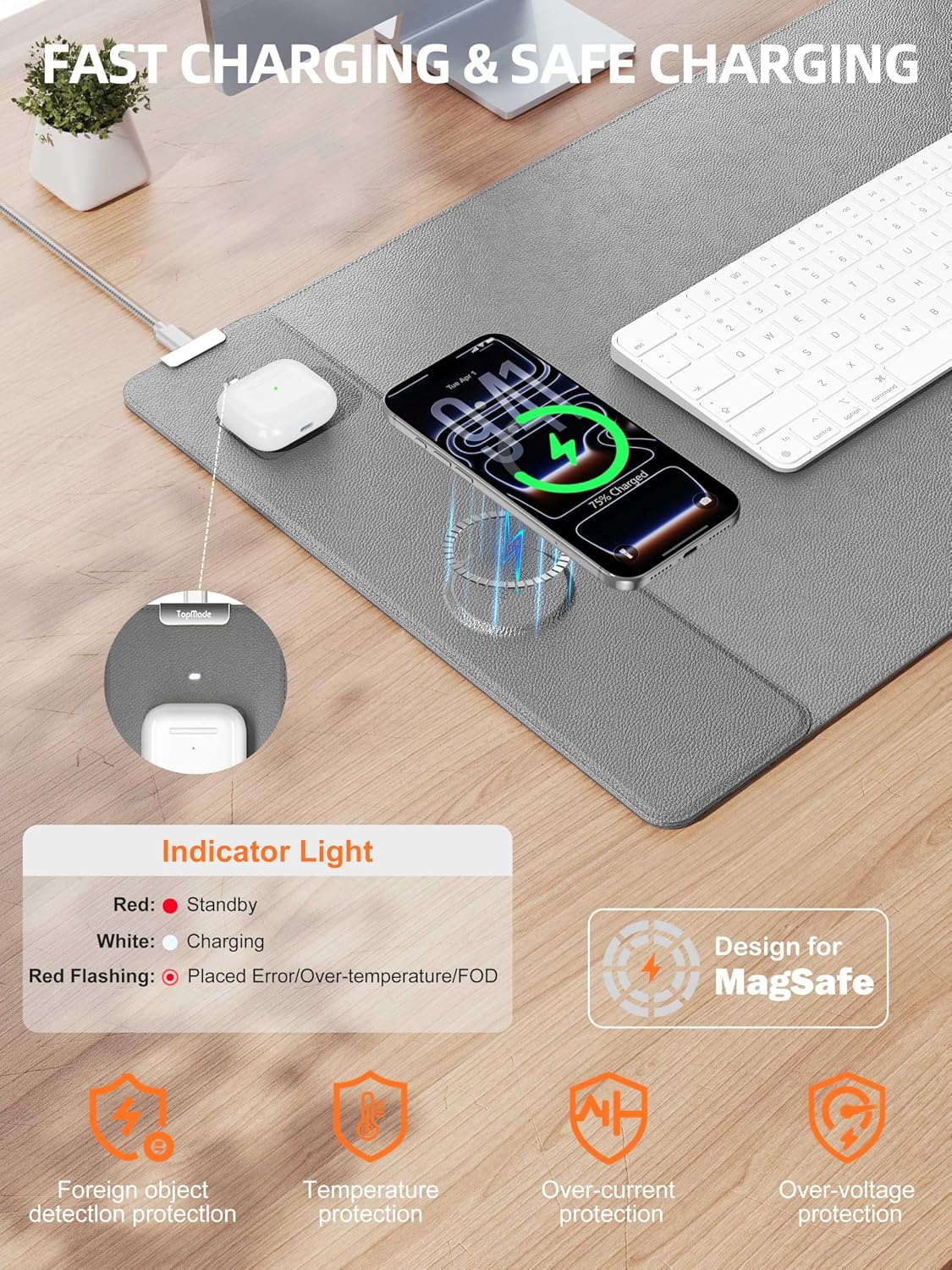 MOUSE PAD TOPMADE XXL CON CARGA INALÁMBRICA 15W Y SUPERFICIE DE CUERO GRIS - 2