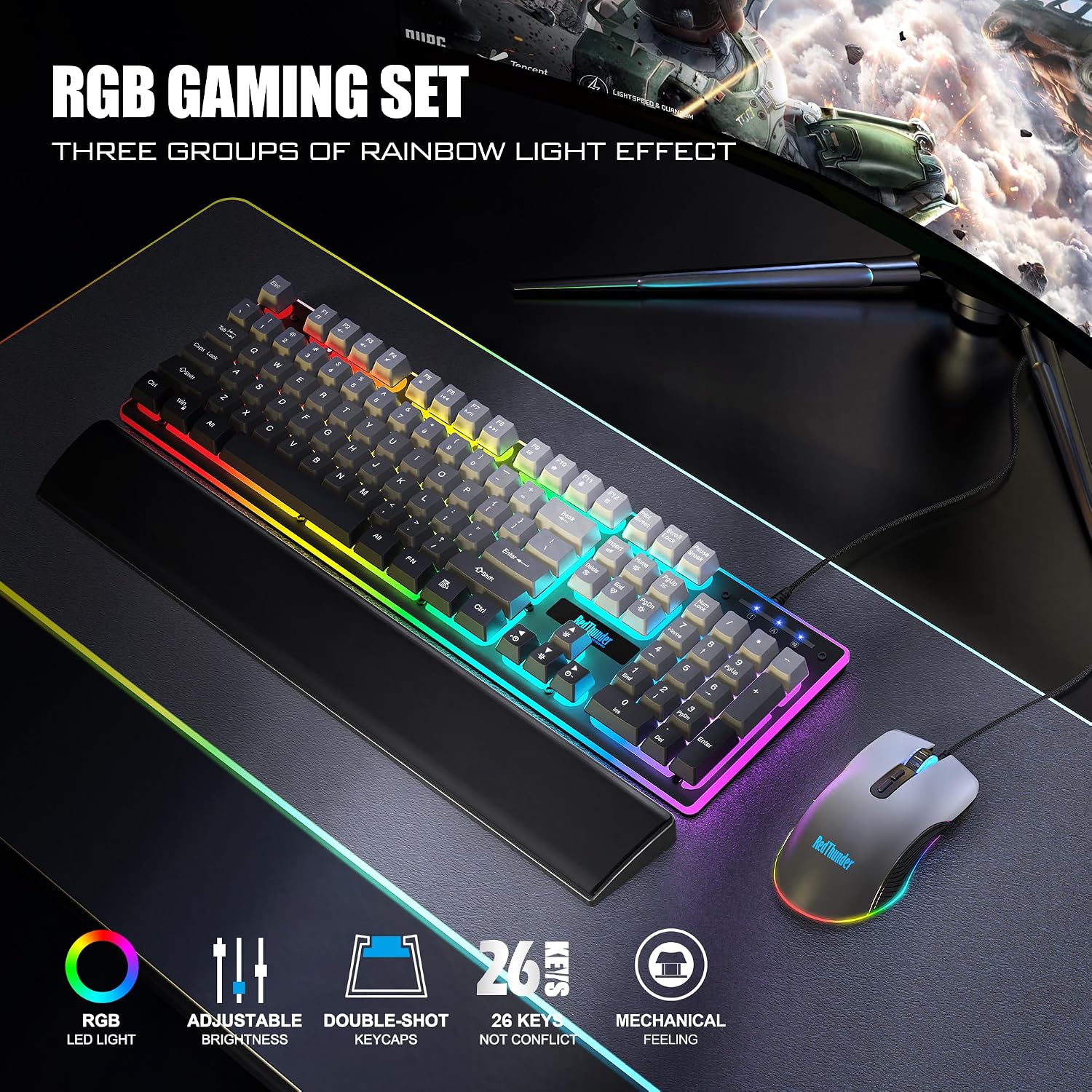 TECLADO REDTHUNDER K10 CON MOUSE Y REPOSAMUÑECAS, RGB, MECÁNICO SIMULADO, 7200 DPI, GRIS DEGRADADO - 2