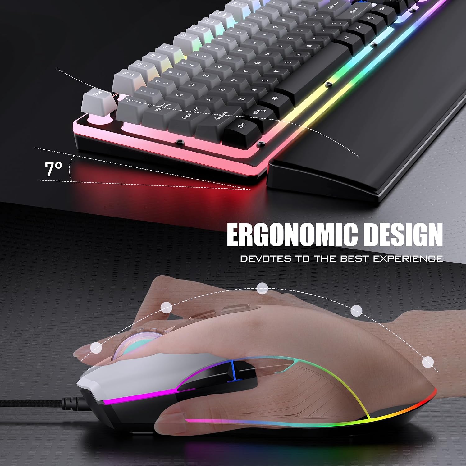 TECLADO REDTHUNDER K10 CON MOUSE Y REPOSAMUÑECAS, RGB, MECÁNICO SIMULADO, 7200 DPI, GRIS DEGRADADO - 5