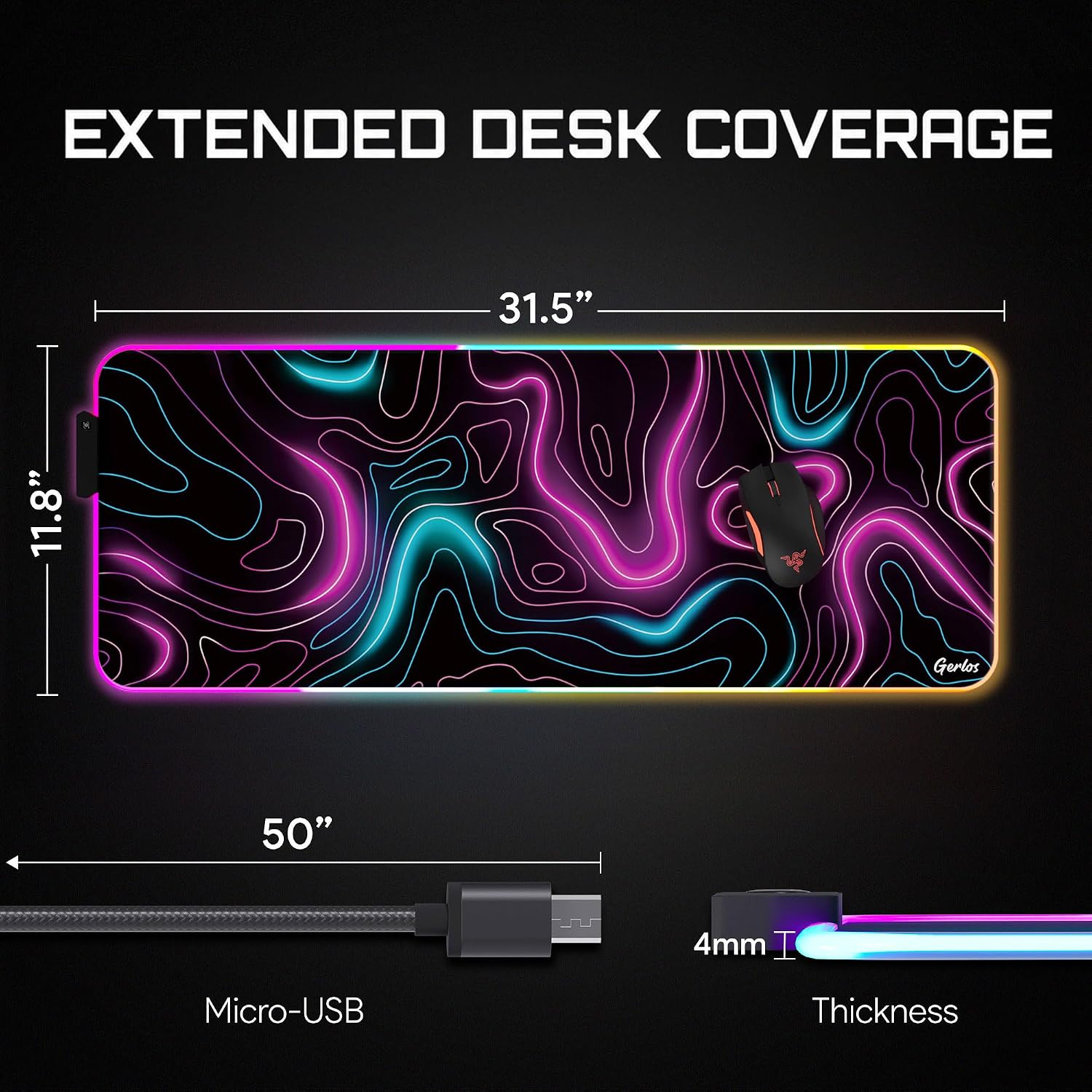 MOUSE PAD GAMING GERLOS RGB GRANDE 80 X 30 CM - 3