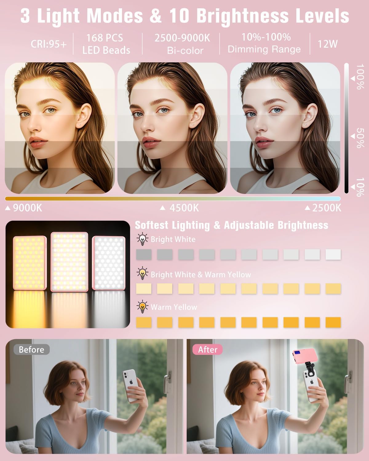 LUZ SELFIE 168 LED AURIANI ROSA 3000MAH RECARGABLE 3 MODOS - 3