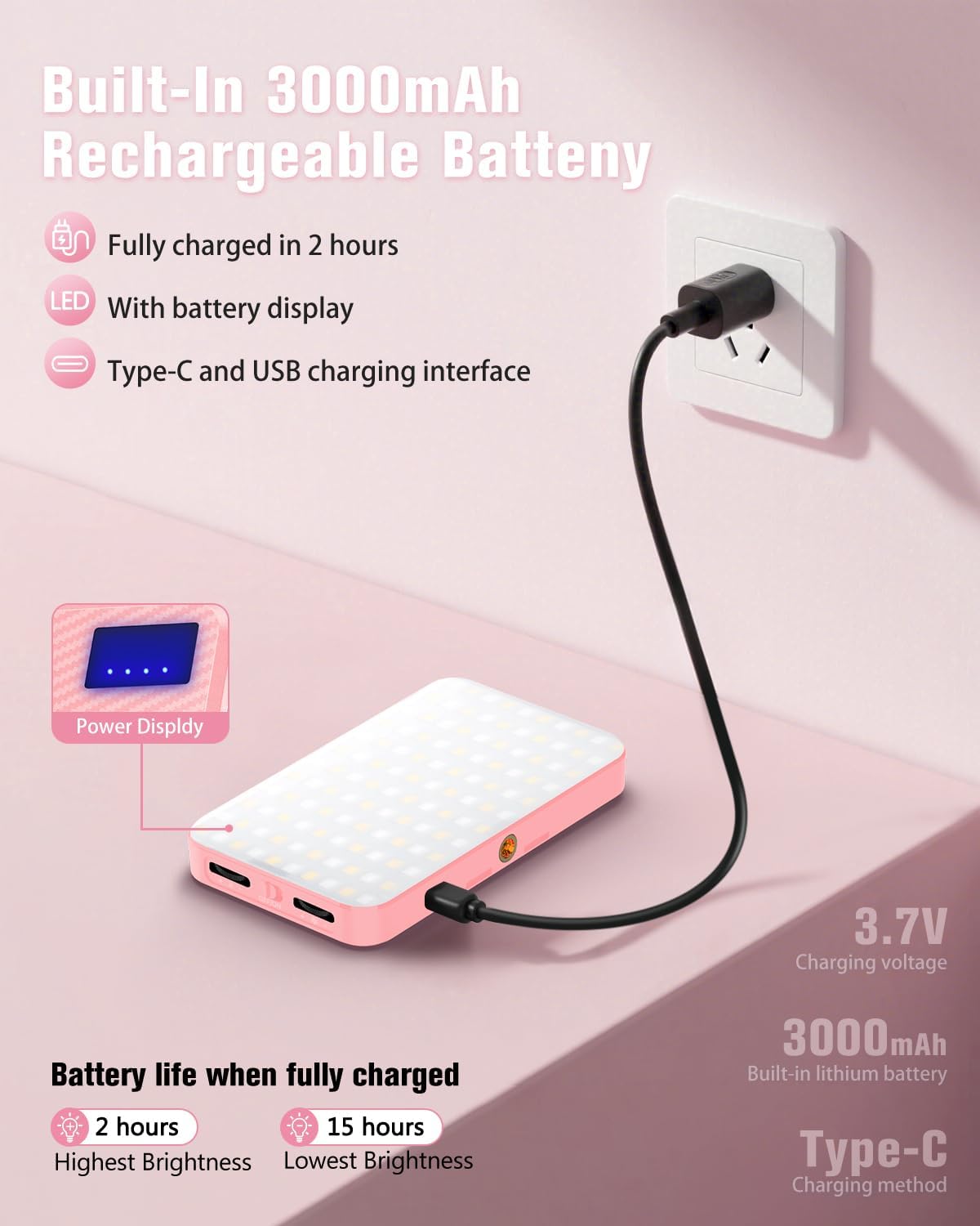 LUZ SELFIE 168 LED AURIANI ROSA 3000MAH RECARGABLE 3 MODOS - 4