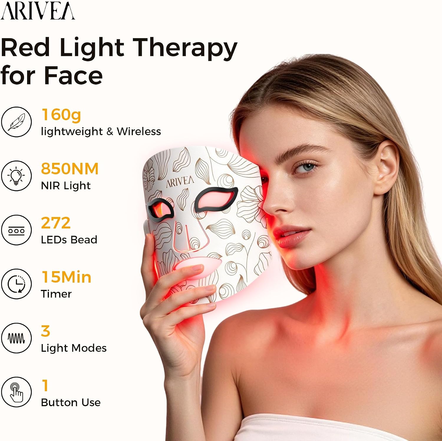 MÁSCARA DE TERAPIA DE LUZ ROJA ARIVEA 850NM NIR Y LED ROJO Y AZUL - 4